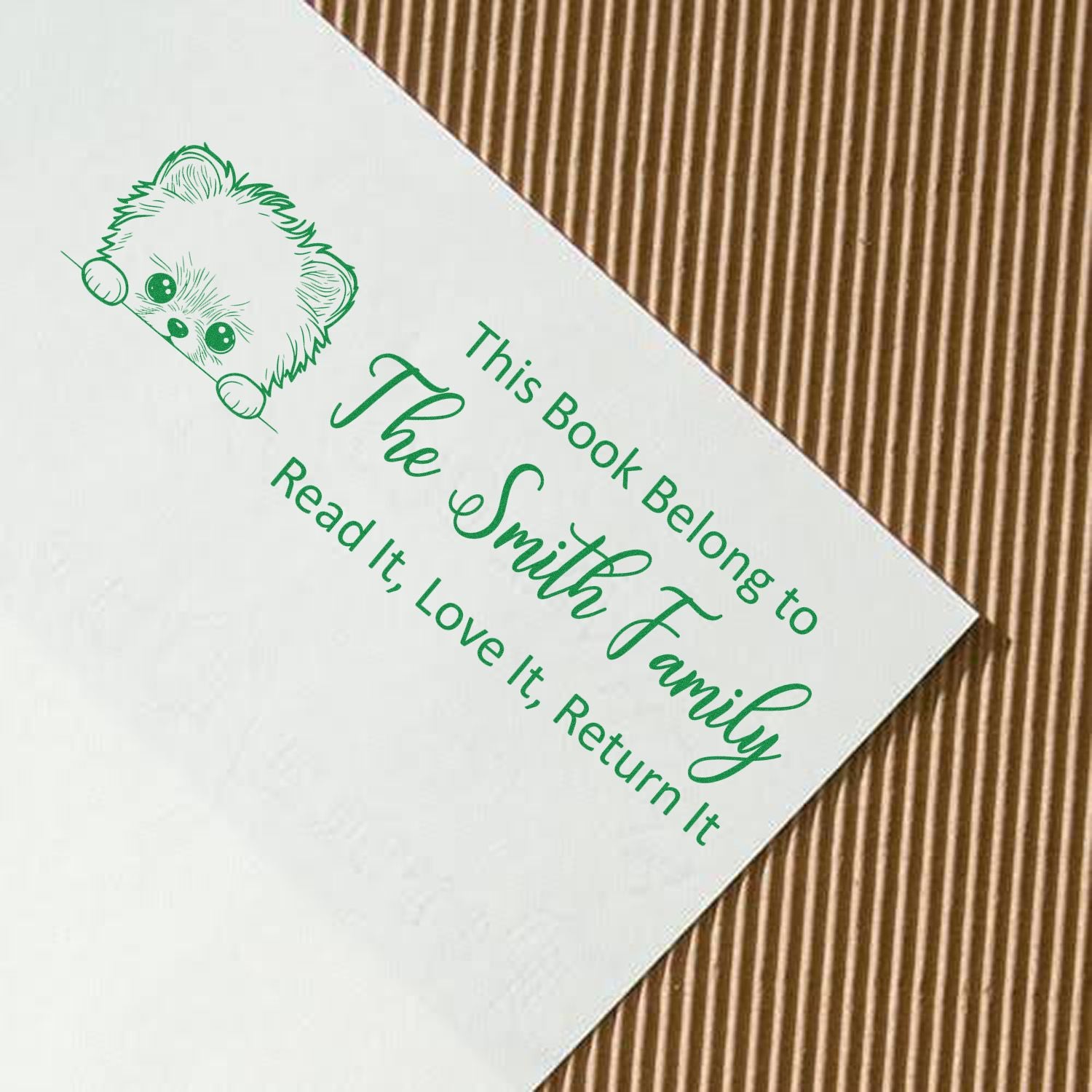 Custom rubber book stamp with teddy bear, This Book Belongs to The Smith Family and Read it, Love it, Return it text