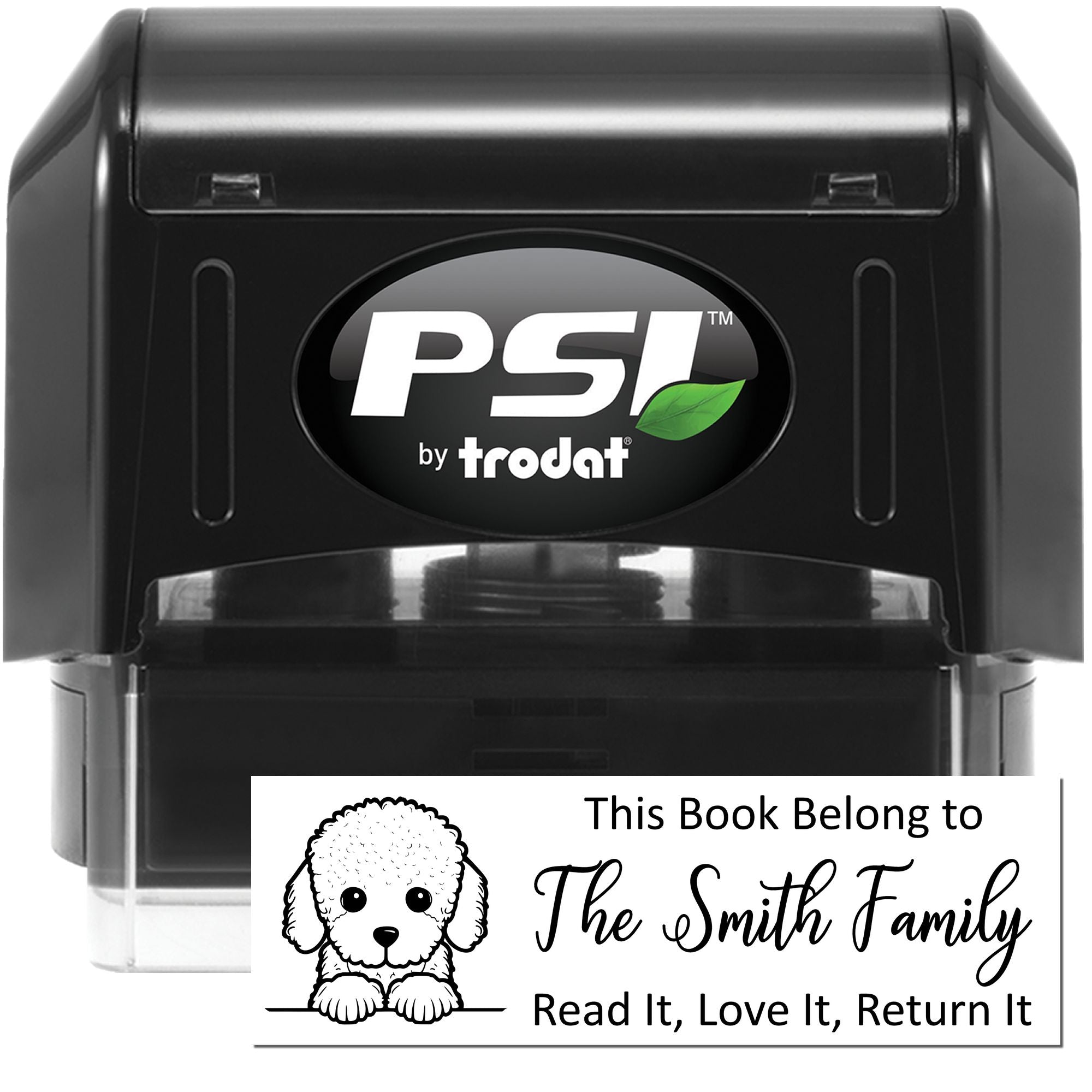 PSI by Trodat self-inking custom rubber stamp for personalized book labels and return-it library marking.