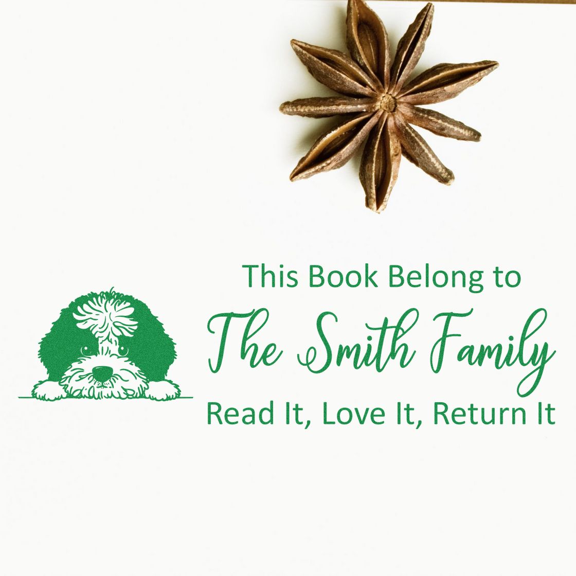 Custom personalized bookplate rubber stamp with dog art and This Book Belongs to the Smith Family return-book message.