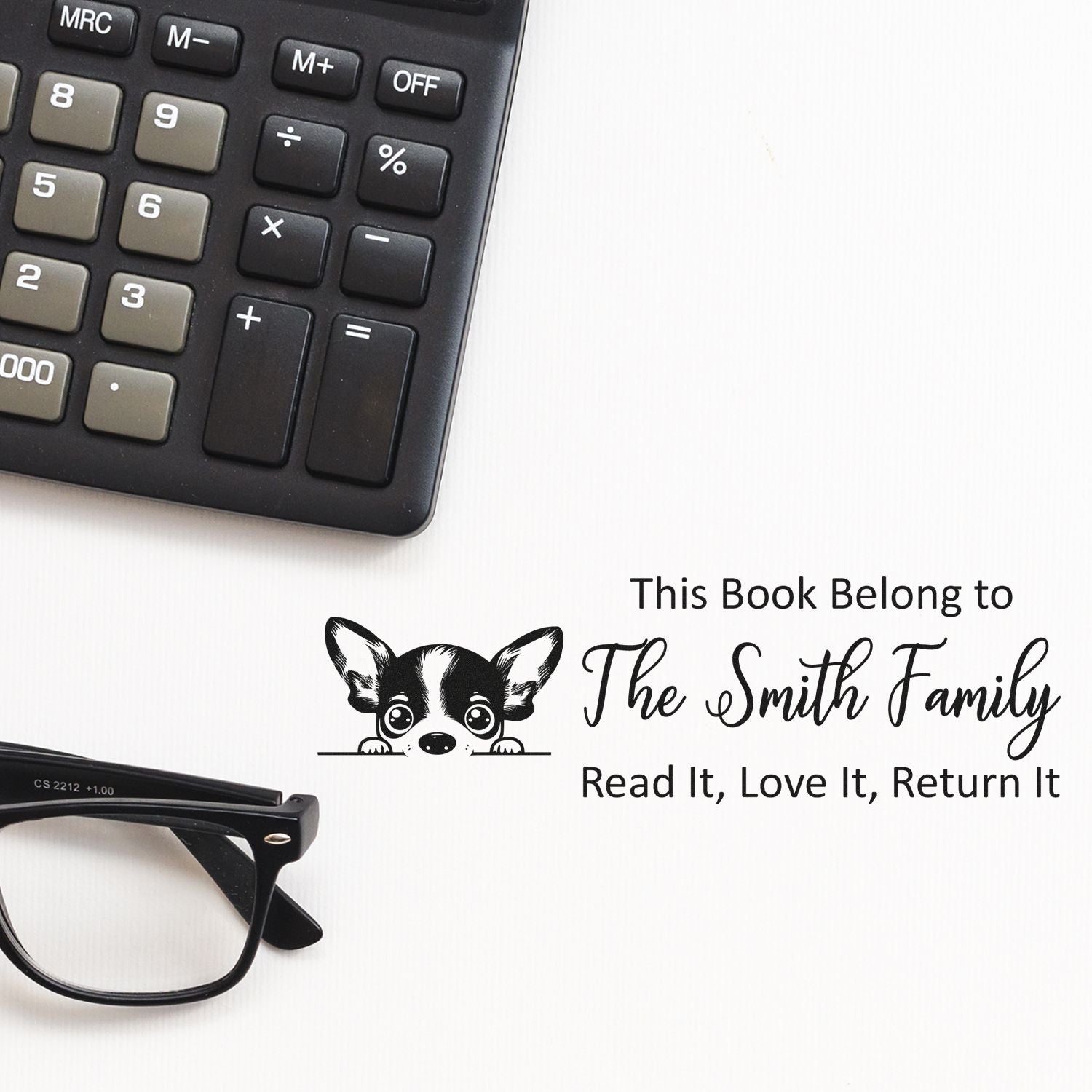 Personalized rubber stamp for books with dog design and This Book Belong to The Smith Family, Read It, Love It, Return It message.