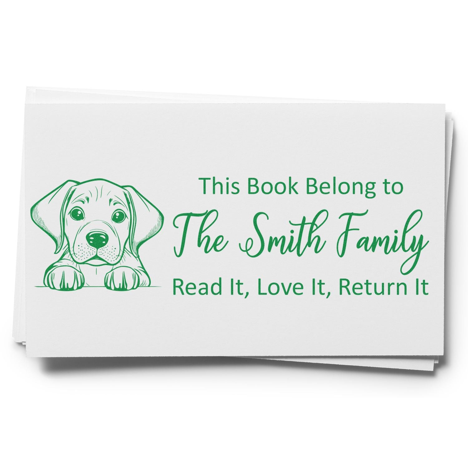 Custom rubber stamp for bookplates with dog illustration and This Book Belong to The Smith FamilyRead It, Love It, Return It.
