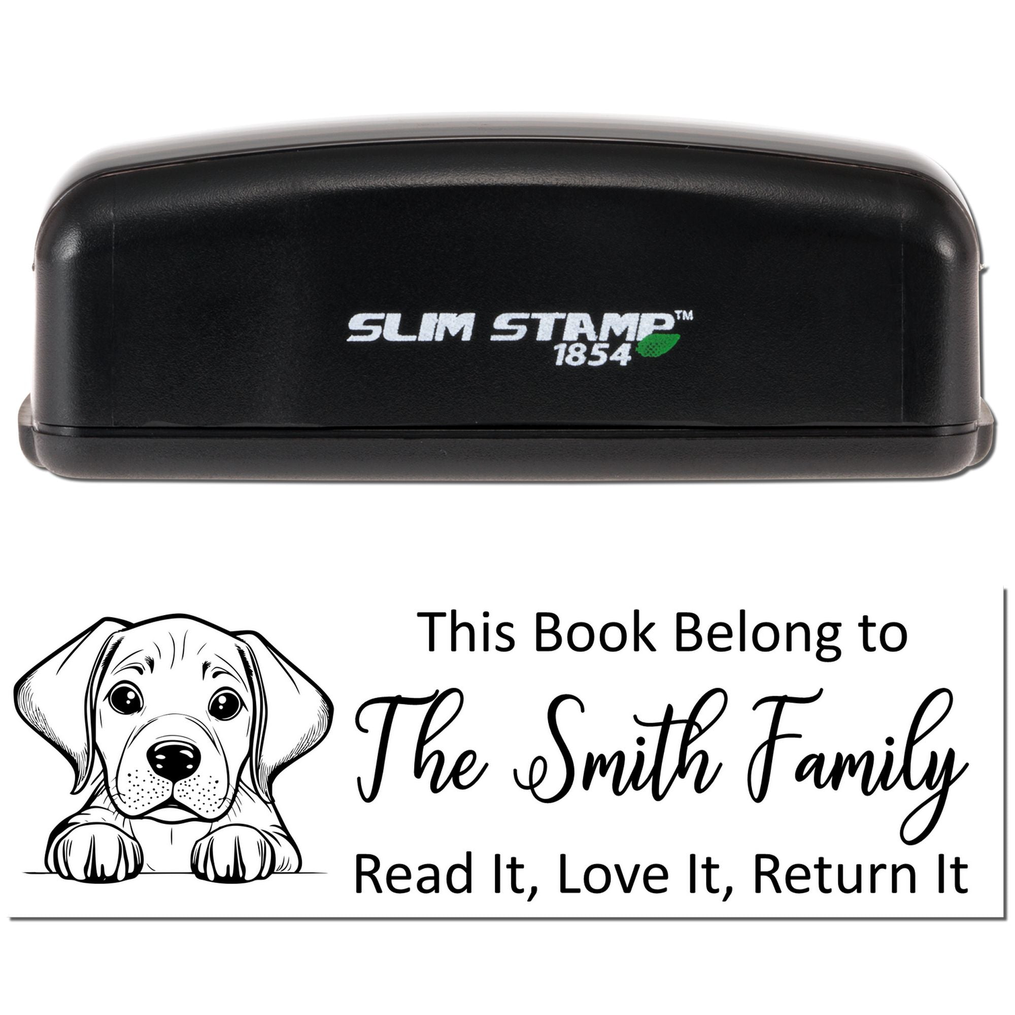 Slim Stamp 1854 self-inking rubber book stamp with dog illustration and personalized This Book Belongs to The Smith Family return message.