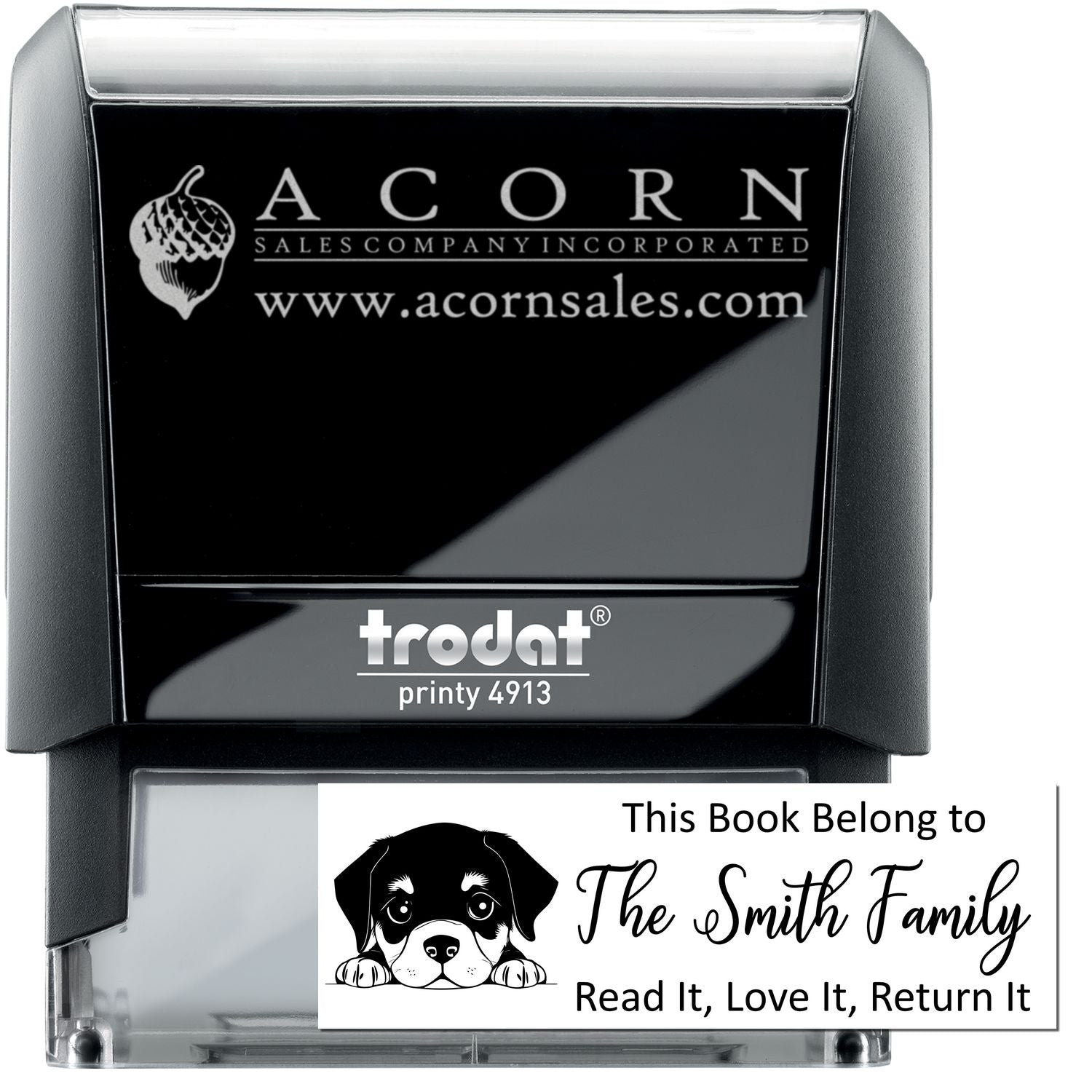 Custom self-inking rubber stamp for bookplates, featuring The Smith Family and a puppy design.