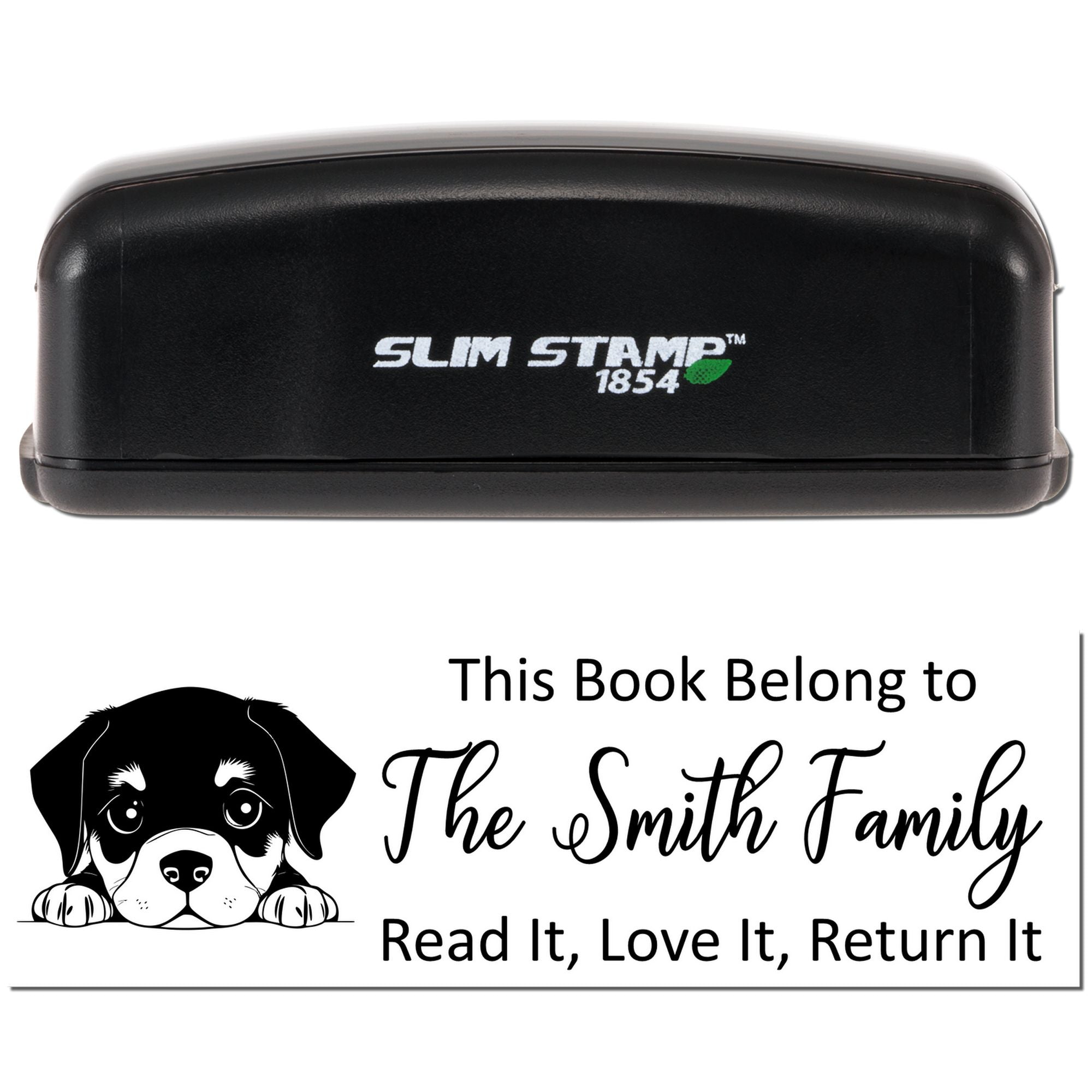 Personalized book return rubber stamp with dog design and family name, reading Read It, Love It, Return It.