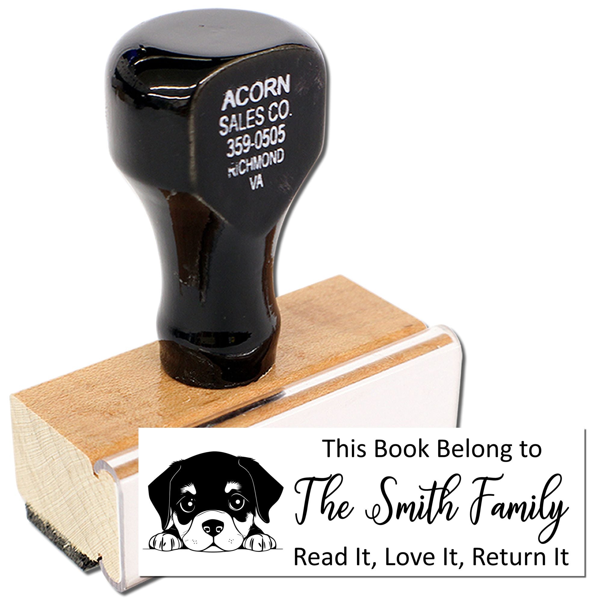 Custom rubber book stamp with dog design, personalized for The Smith Family to mark books: Read It, Love It, Return It.