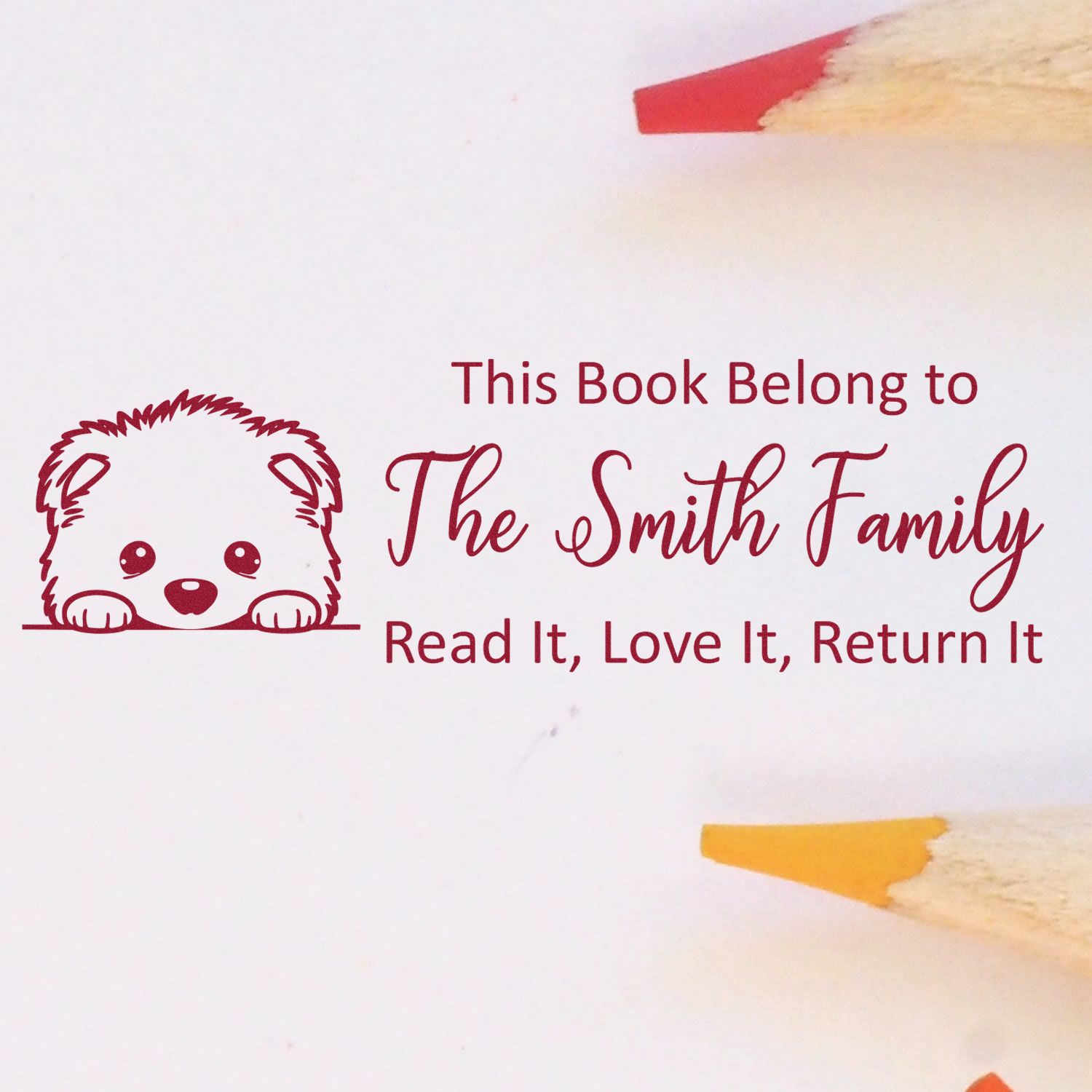 Personalized book rubber stamp with dog design and family name: This Book Belongs to The Smith FamilyRead It, Love It, Return It.
