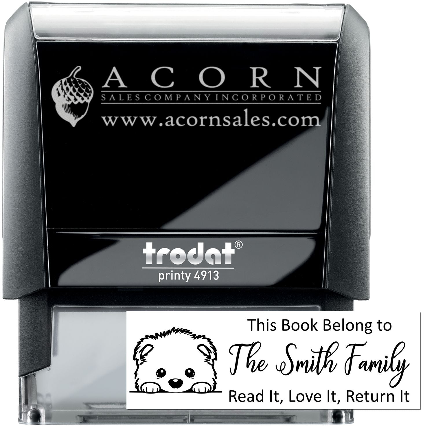 Custom self-inking rubber stamp, Trodat Printy 4913, with personalized book belongs to return label for The Smith Family.