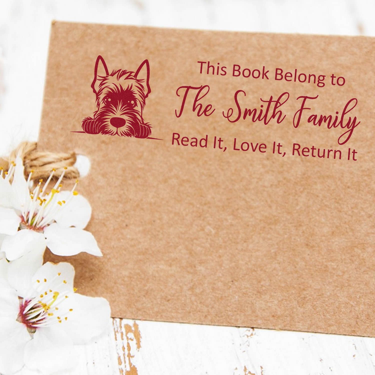 Custom personalized bookplate rubber stamp with dog illustration for The Smith Family, Read It, Love It, Return It.