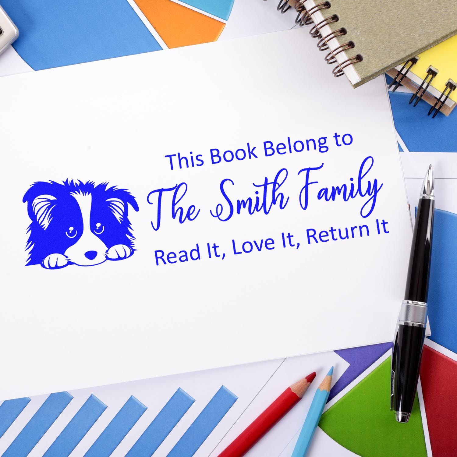 Custom rubber book stamp with dog design, personalized family bookplate for library books: read it, love it, return it.