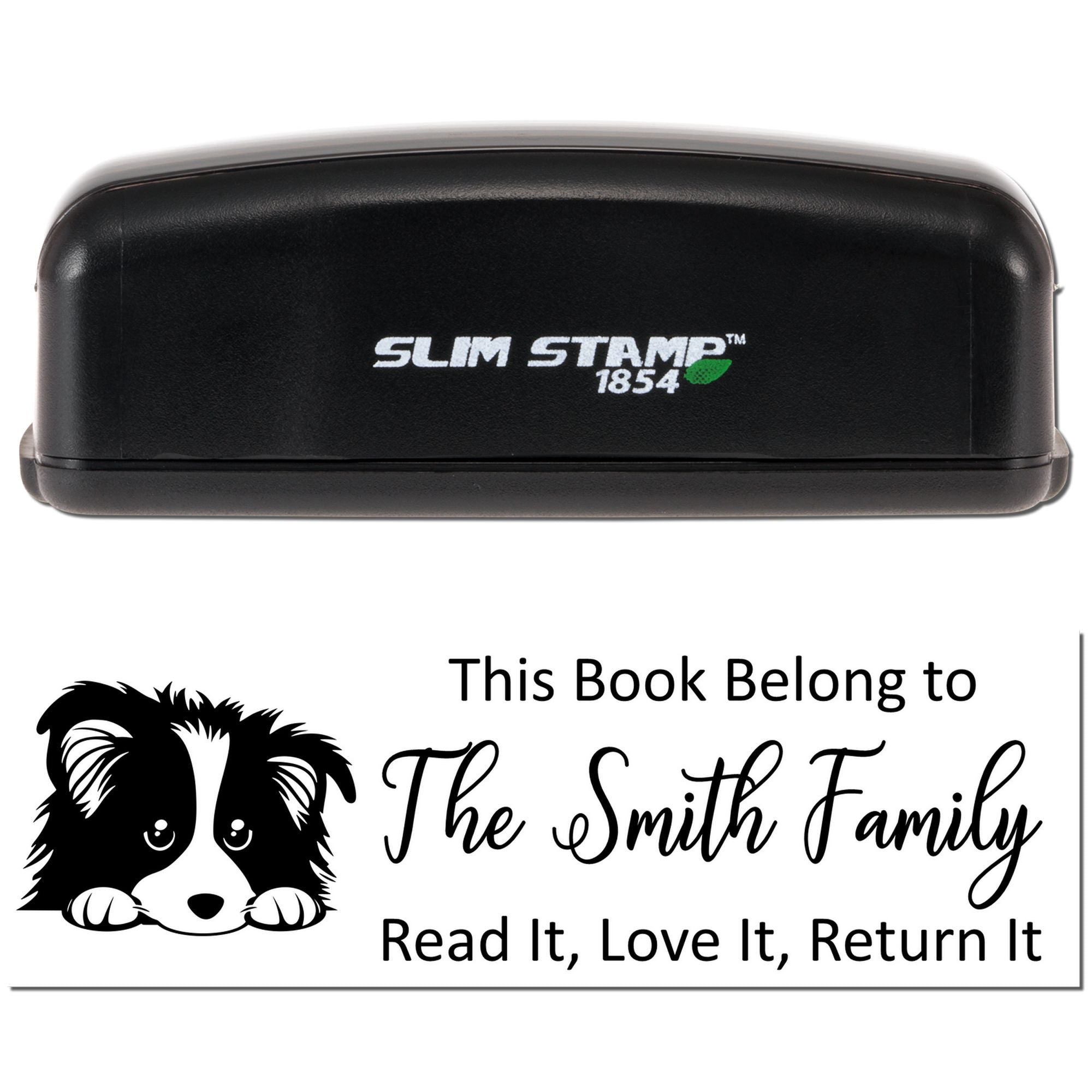 Slim Stamp 1854 self-inking rubber book stamp with dog design and This Book Belong to The Smith Family return notice