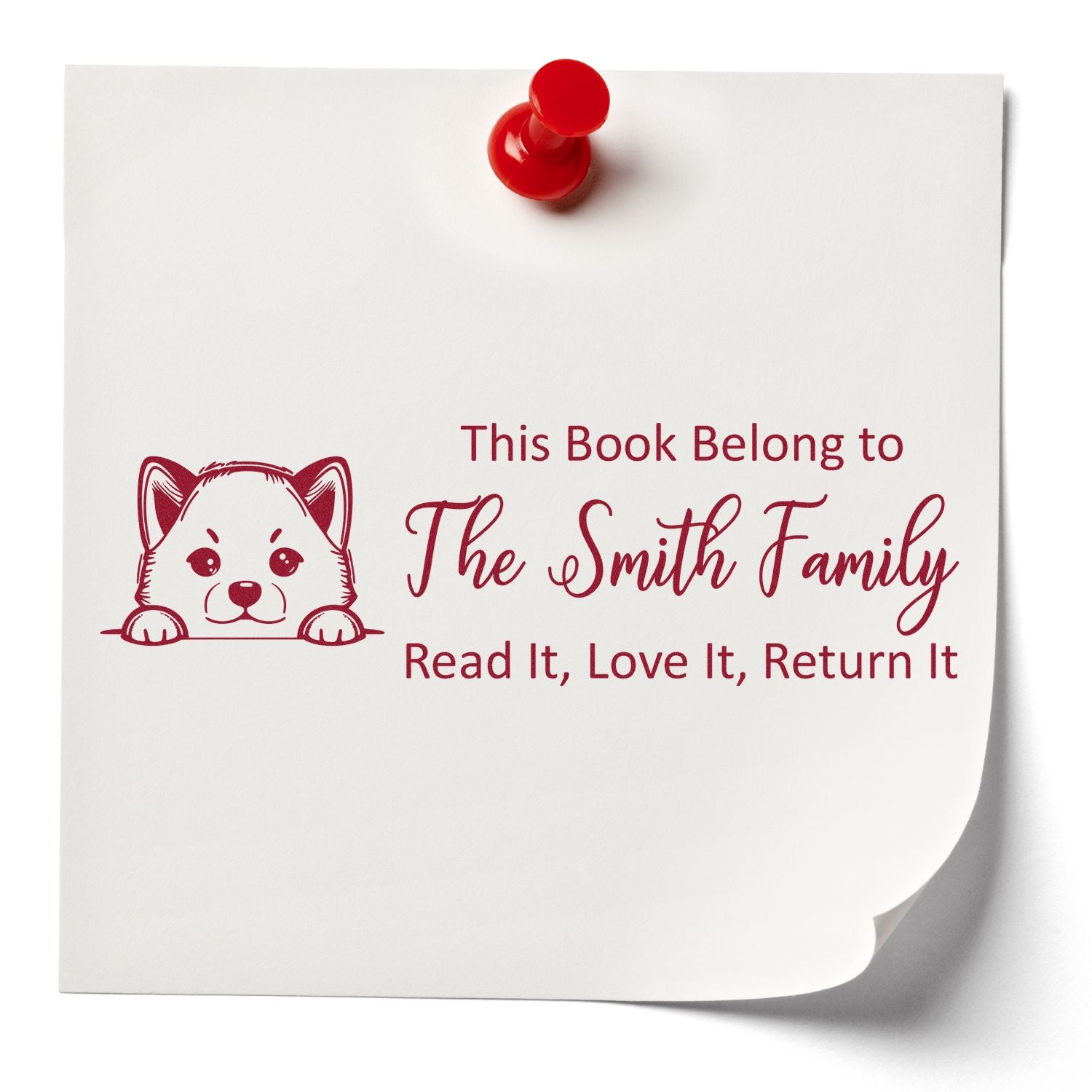 Custom book belongs stamp with dog design for The Smith Family, perfect for labeling and returning borrowed books.