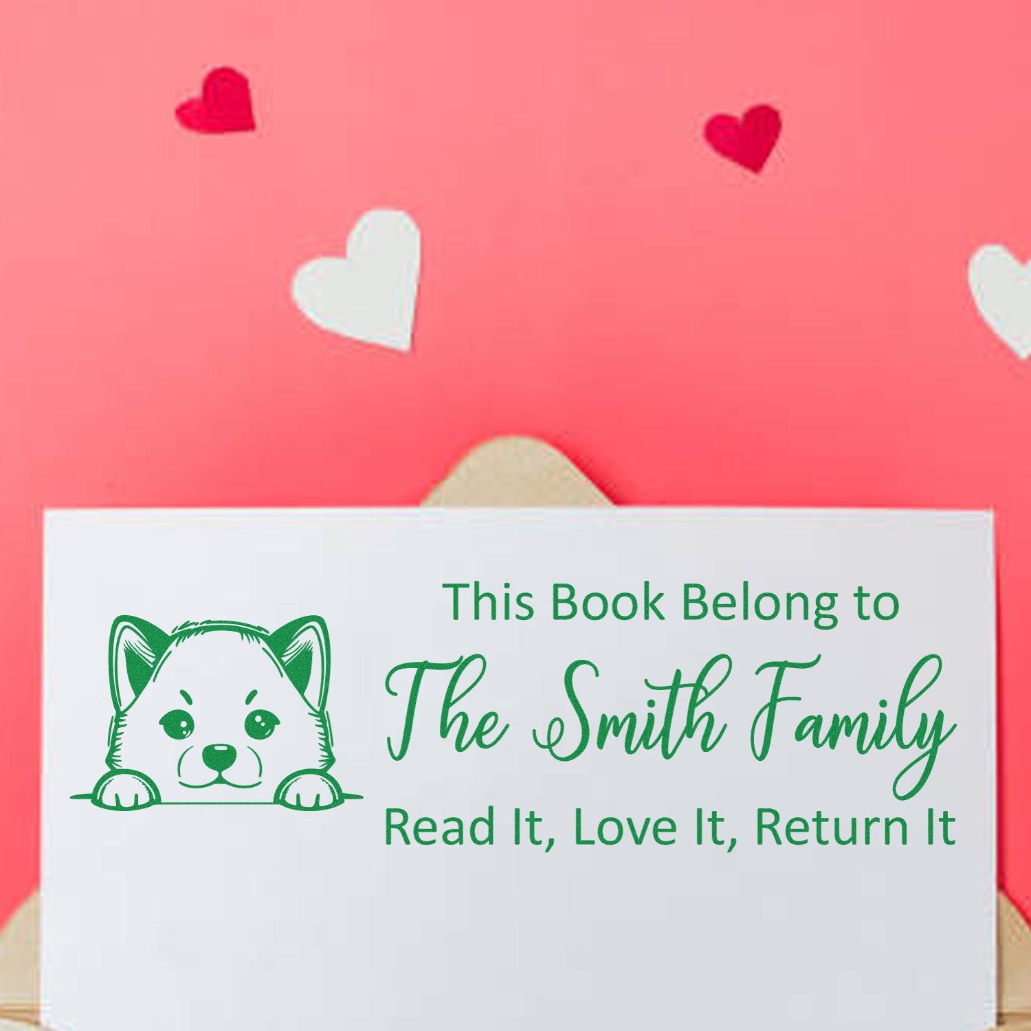 Custom rubber stamp with cat icon for book ownership: This Book Belong to The Smith Family, Read It, Love It, Return It.