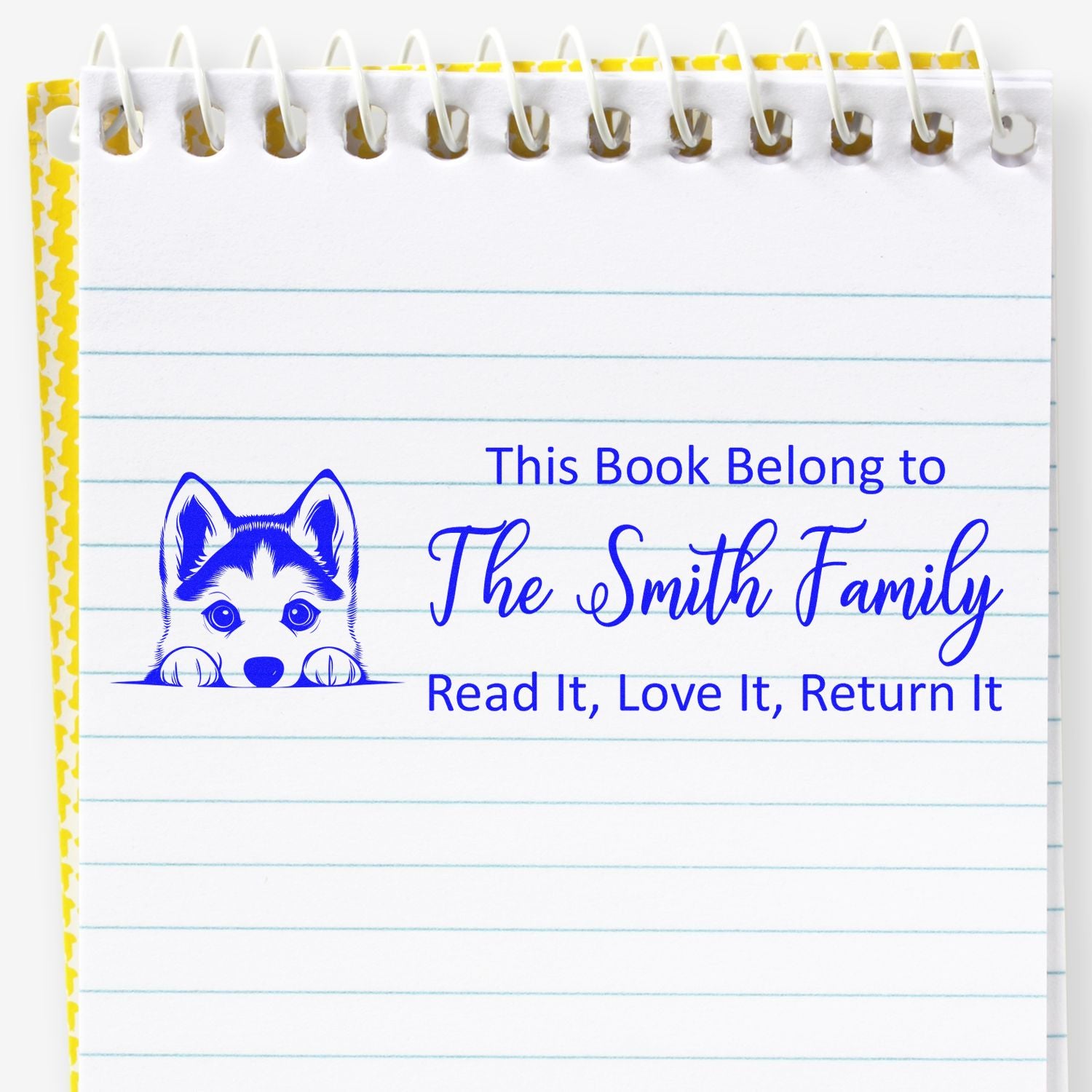 Custom book stamp with husky design: This Book Belong to The Smith Family, Read It, Love It, Return It for personal library books.