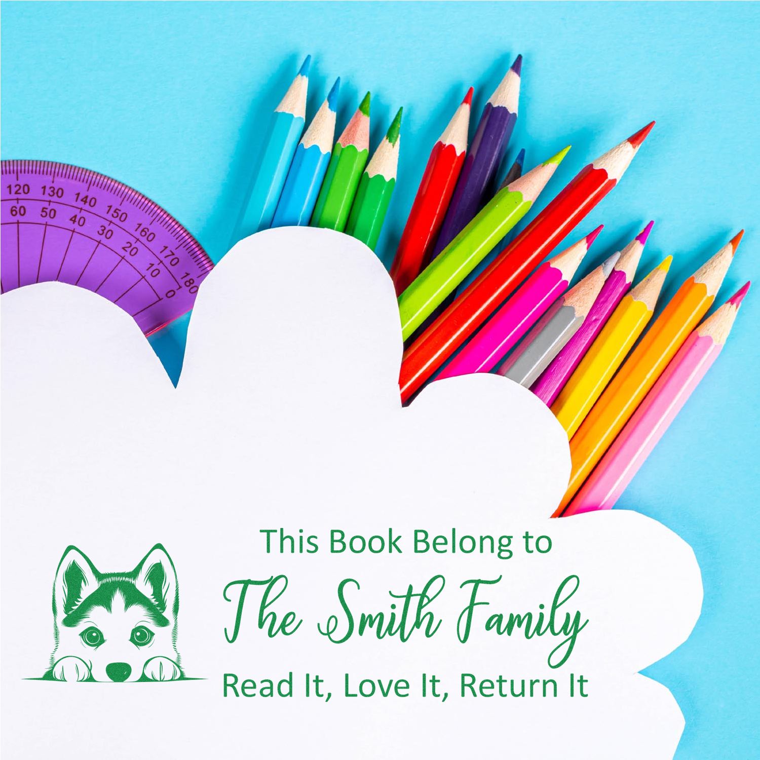 Personalized rubber book stamp with husky icon for The Smith Family, labeled Read It, Love It, Return It for kids books.