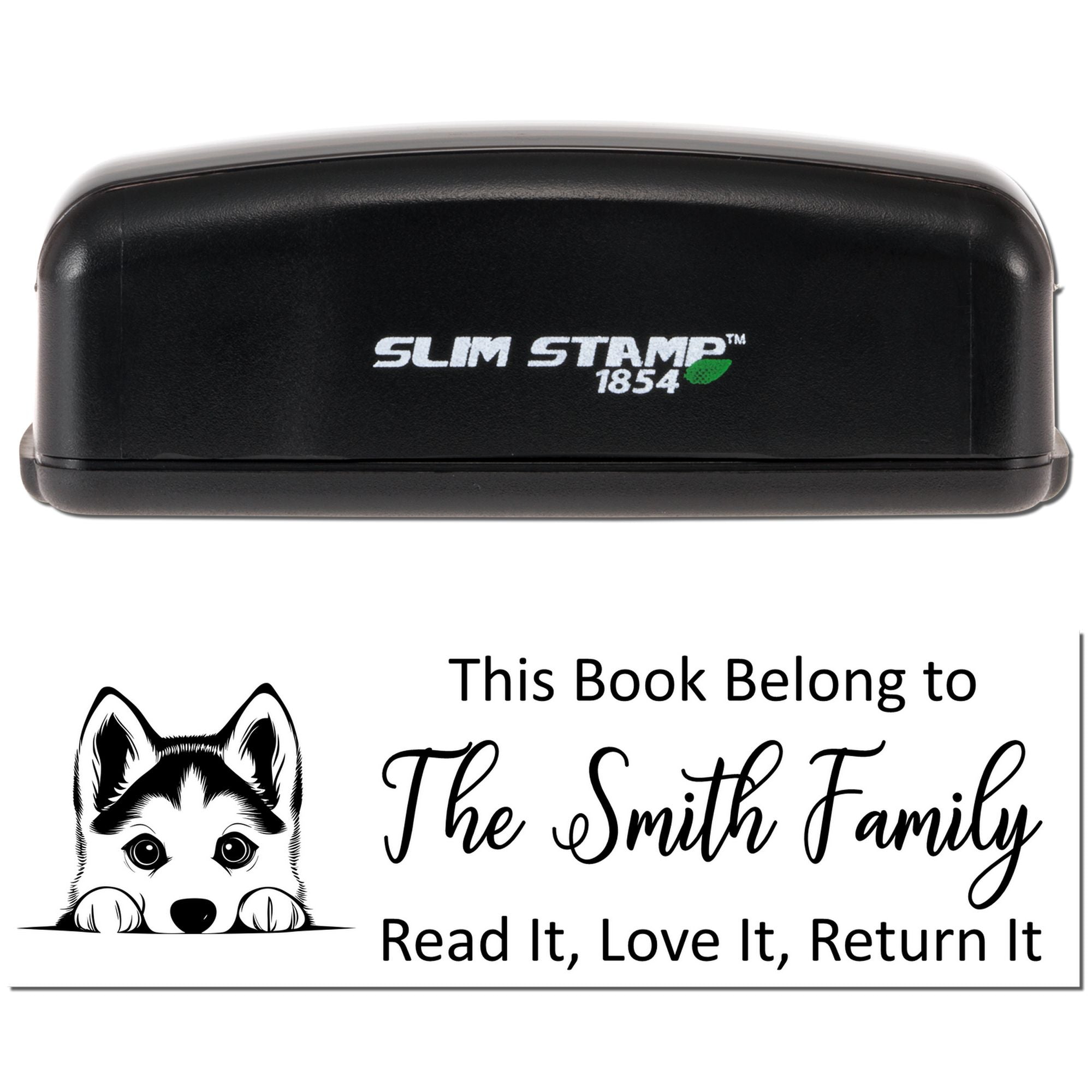 Custom bookplate rubber stamp with husky design and personalized This Book Belong to The Smith Family return-it text
