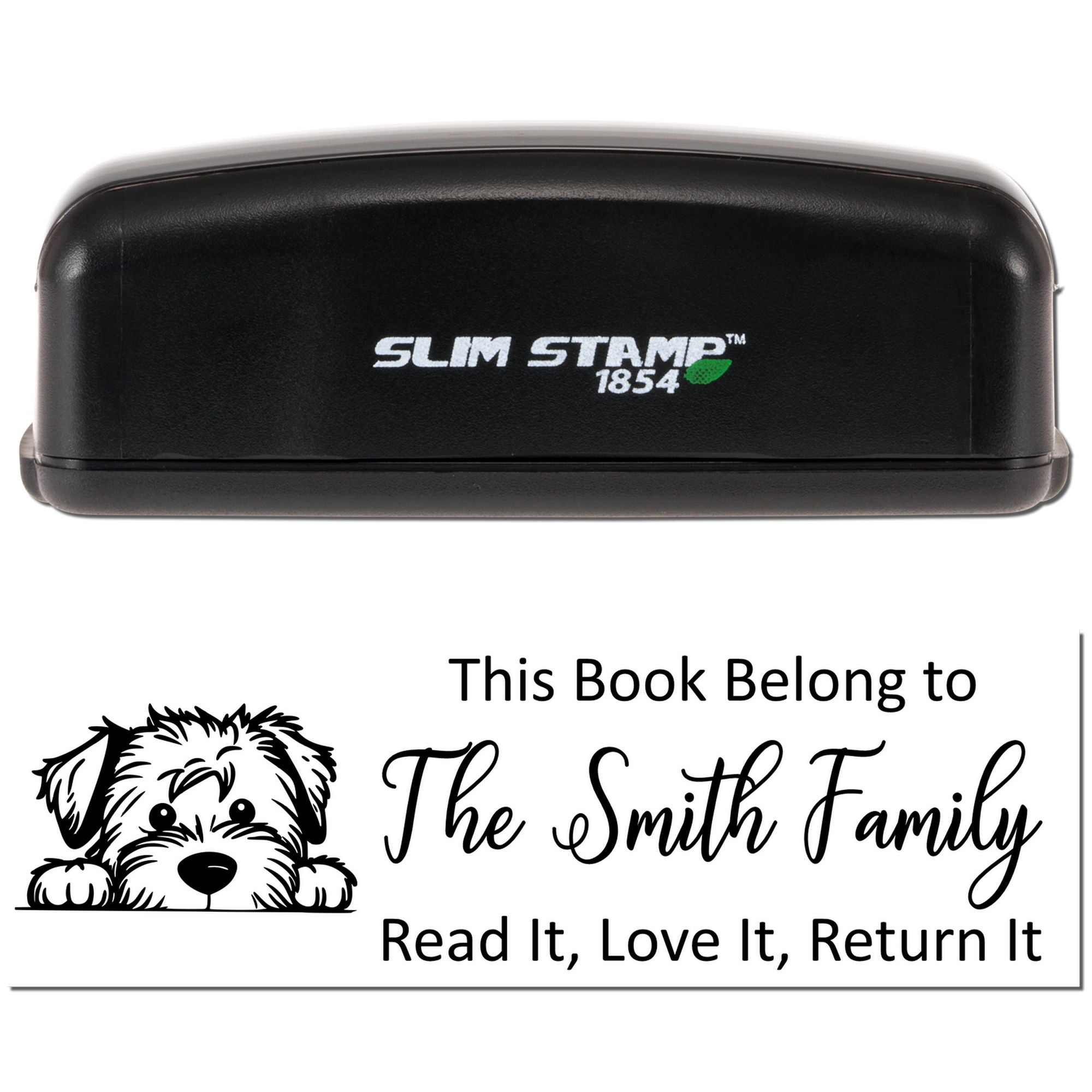 Personalized self-inking rubber stamp for books, featuring This Book Belongs to The Smith Family with dog design.