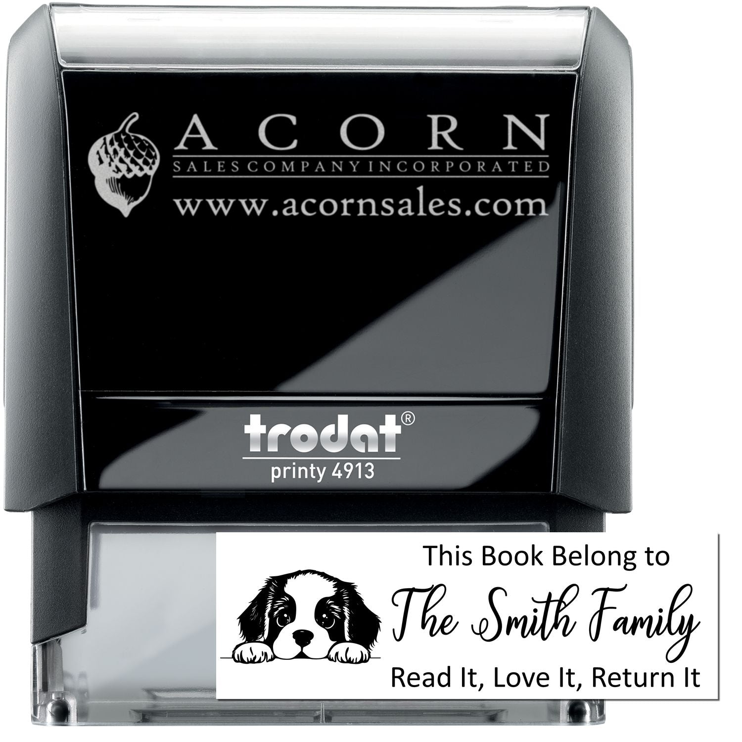 Personalized self-inking rubber book stamp with custom logo and This Book Belong to The Smith Family return-it message.