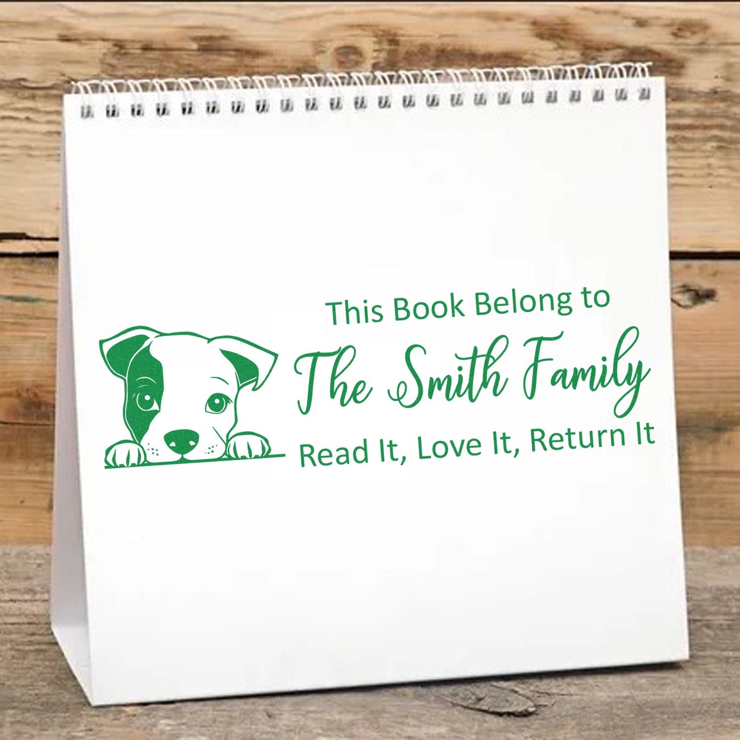 Personalized dog book stamp for The Smith Family, with This Book Belongs to and Read It, Love It, Return It message.