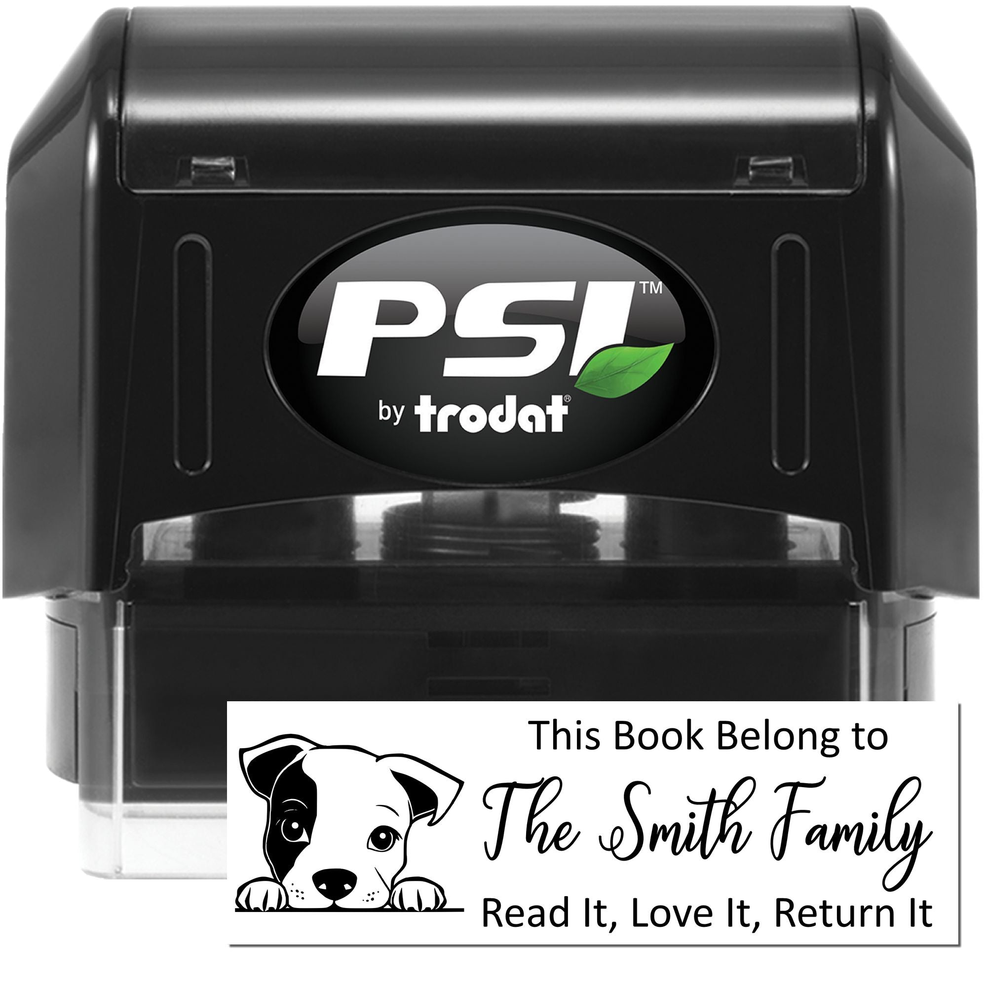 PSI by Trodat self-inking rubber stamp with custom book belongs to stamp design for personalizing library books and returns.