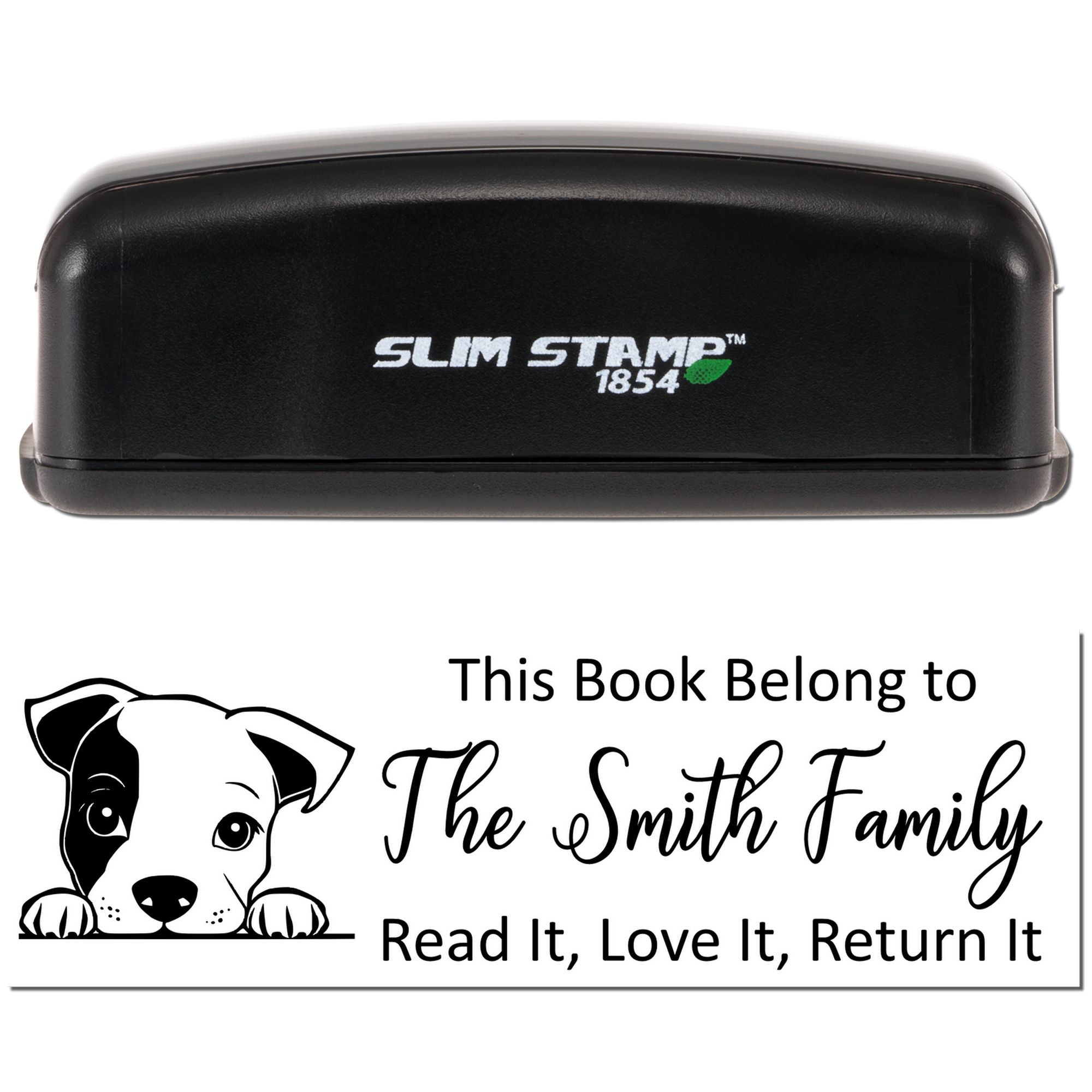 Self-inking Slim Stamp 1854 rubber stamp for personalized bookplates, with dog design and This Book Belong to The Smith Family text.