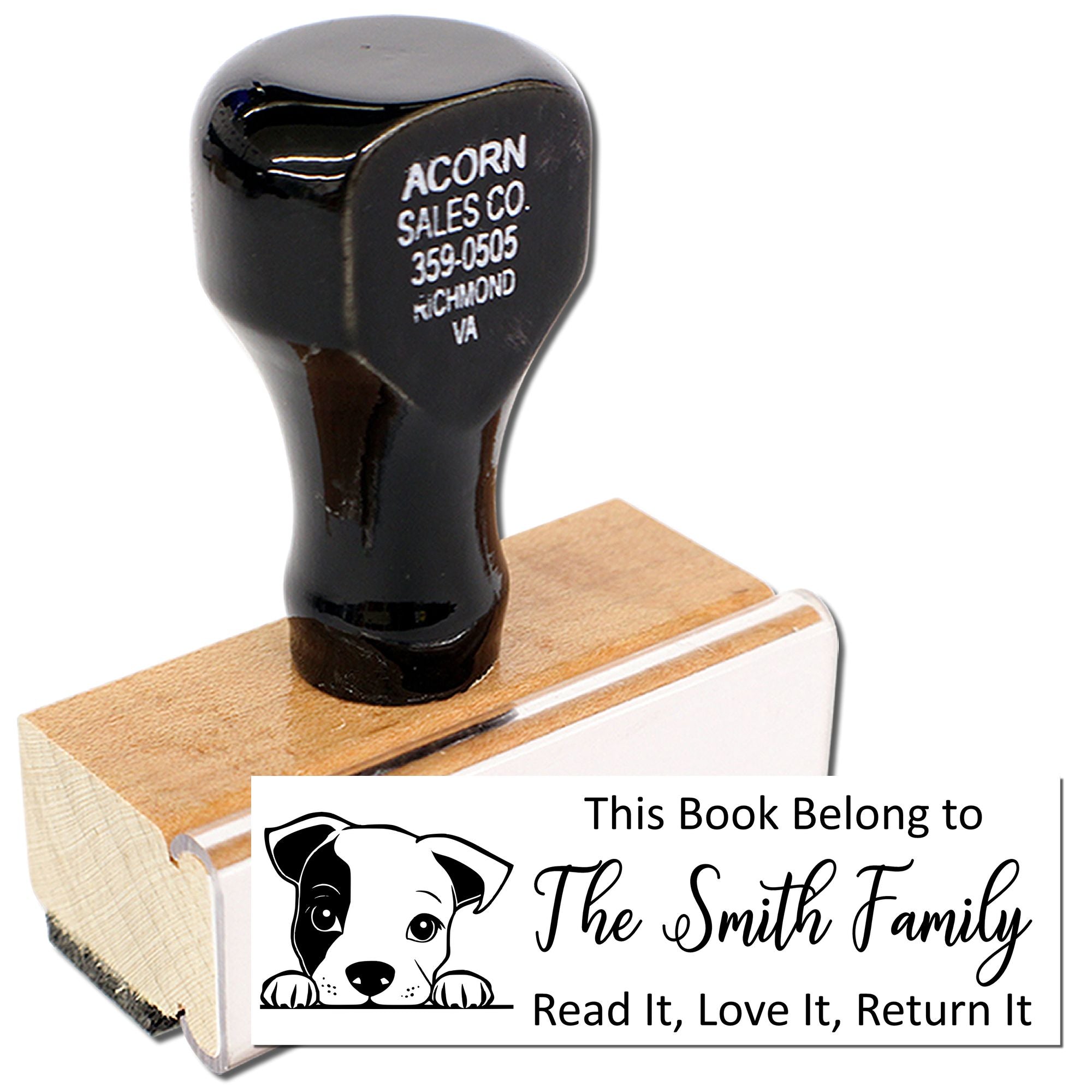 Custom self-inking rubber stamp for books with dog graphic and This Book Belong to The Smith Family return notice.