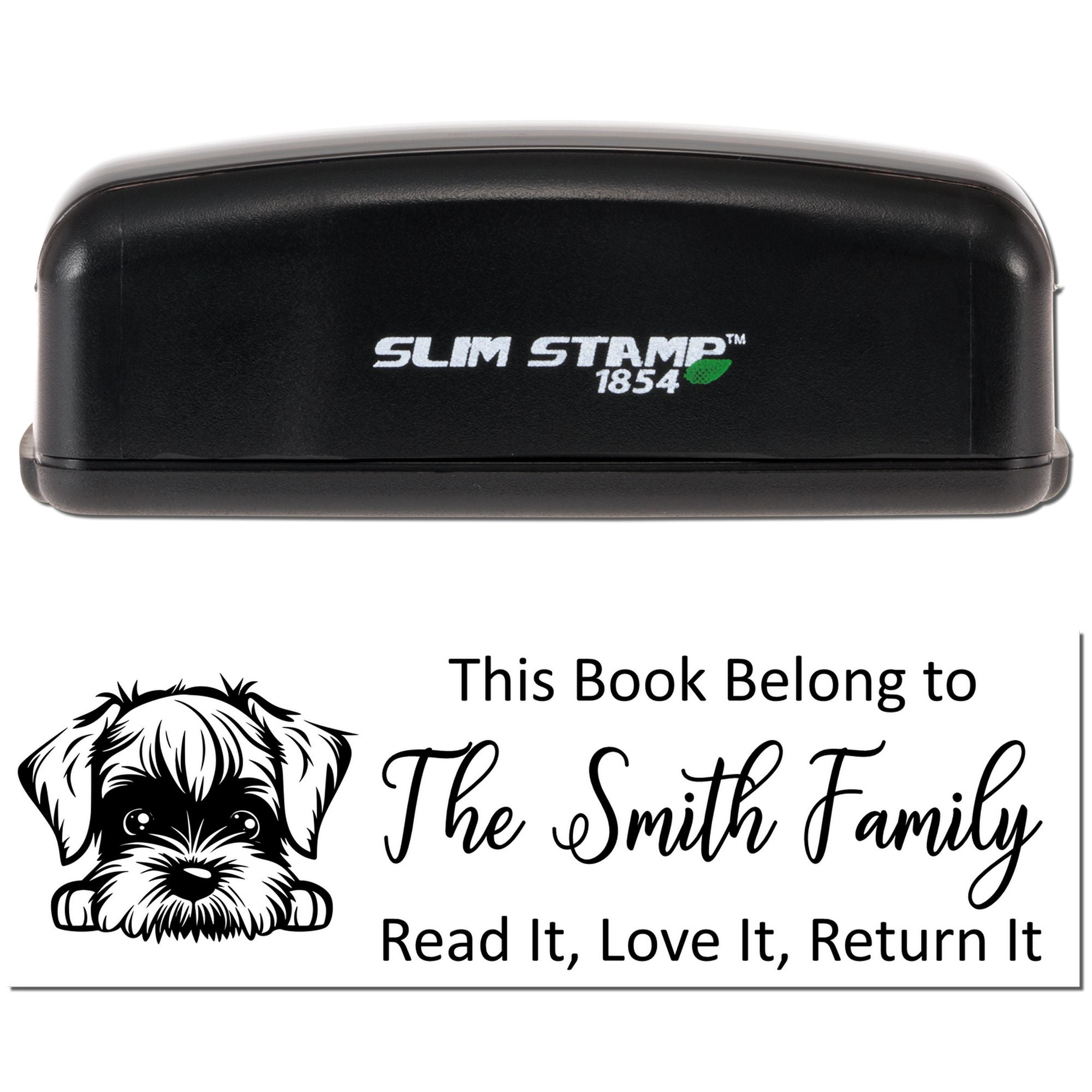 Custom Slim Stamp 1854 book return rubber stamp with dog design and This Book Belongs to The Smith Family text.