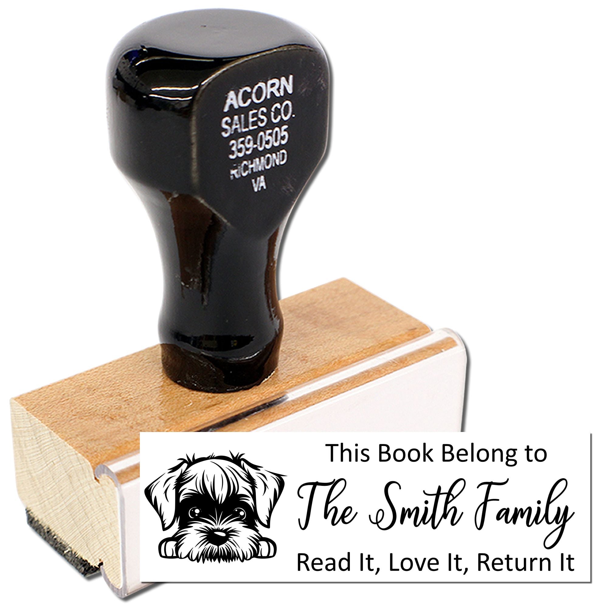 Custom book return rubber stamp with dog design and This Book Belongs to The Smith Family text.