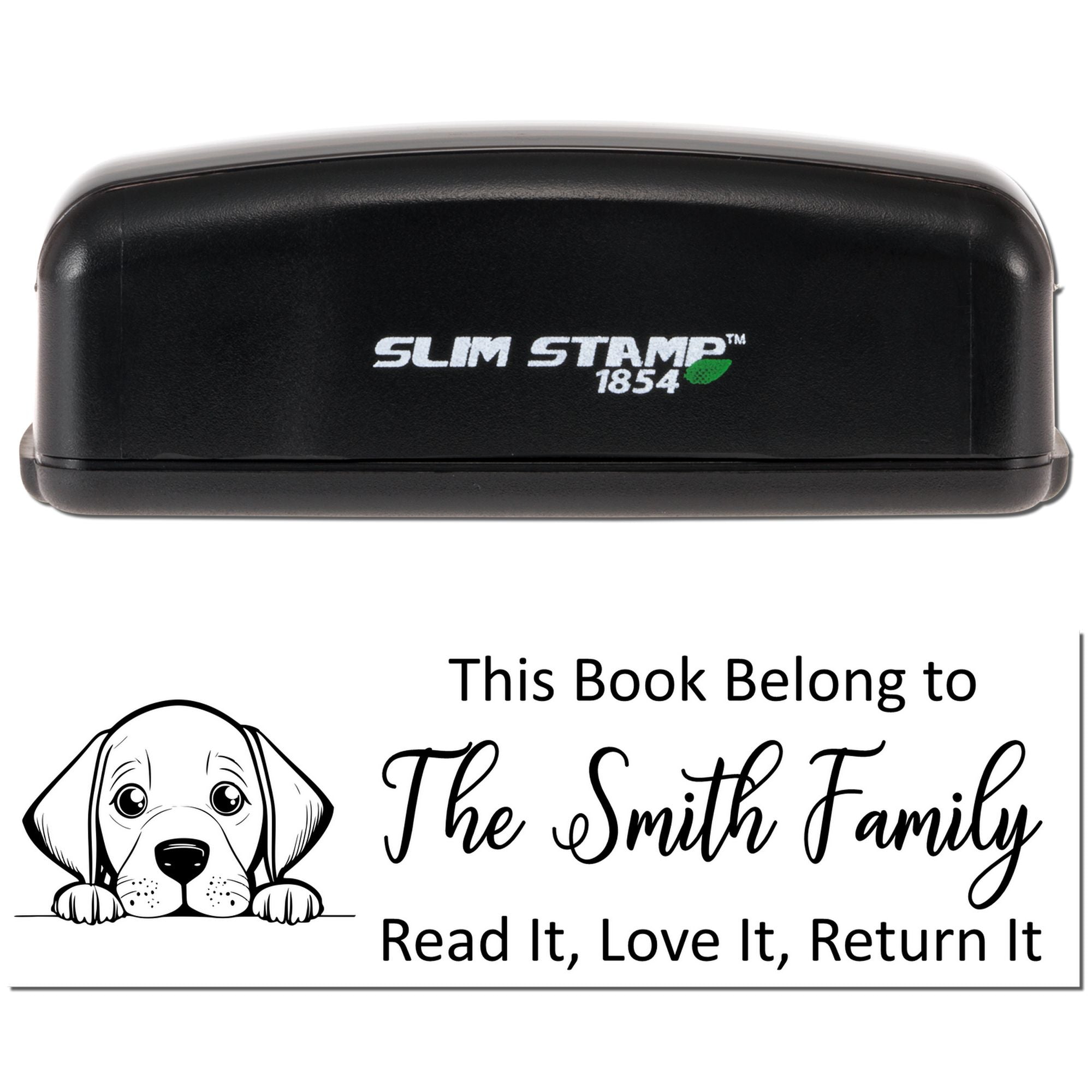 Personalized book belongs to rubber stamp with dog design, Slim Stamp 1854, for marking family library books.