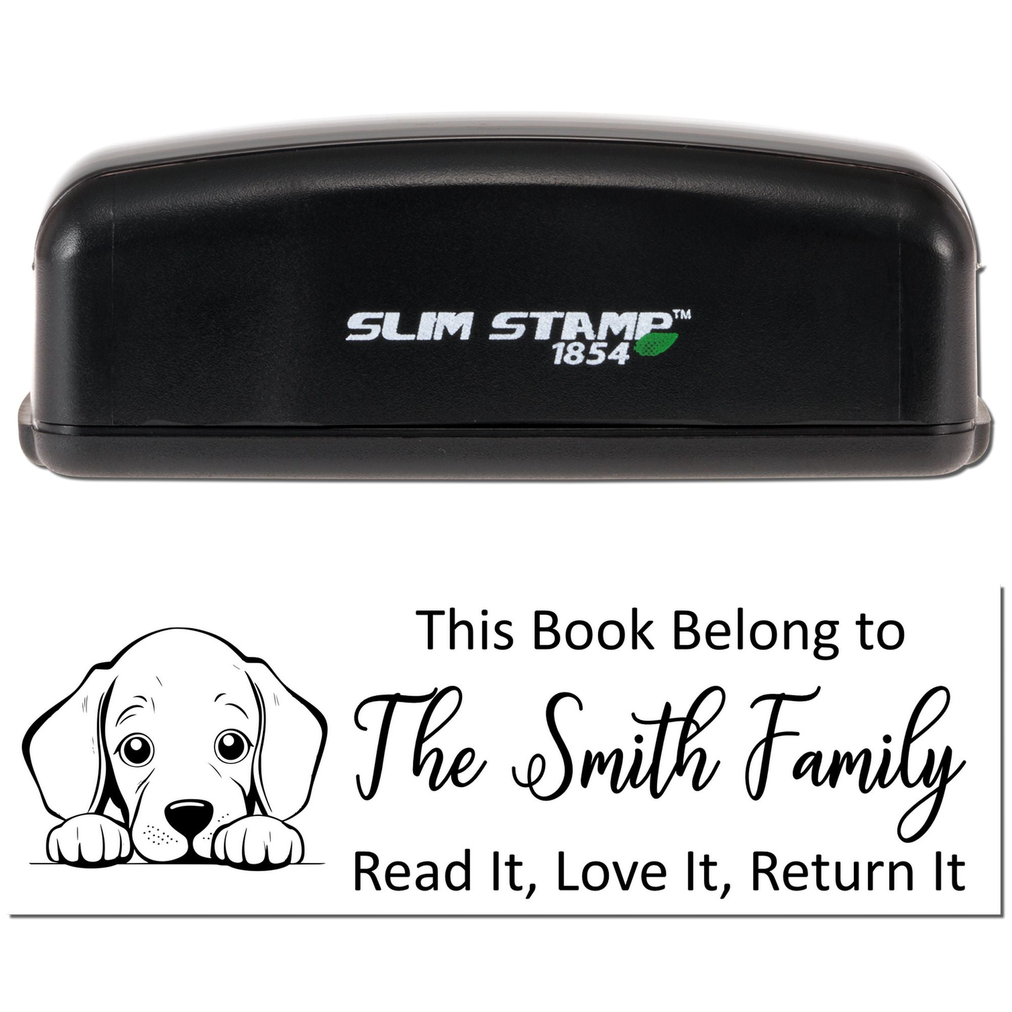 Slim Stamp 1854 self-inking personalized book stamp with dog bookplate art and This Book Belongs to The Smith Family text.