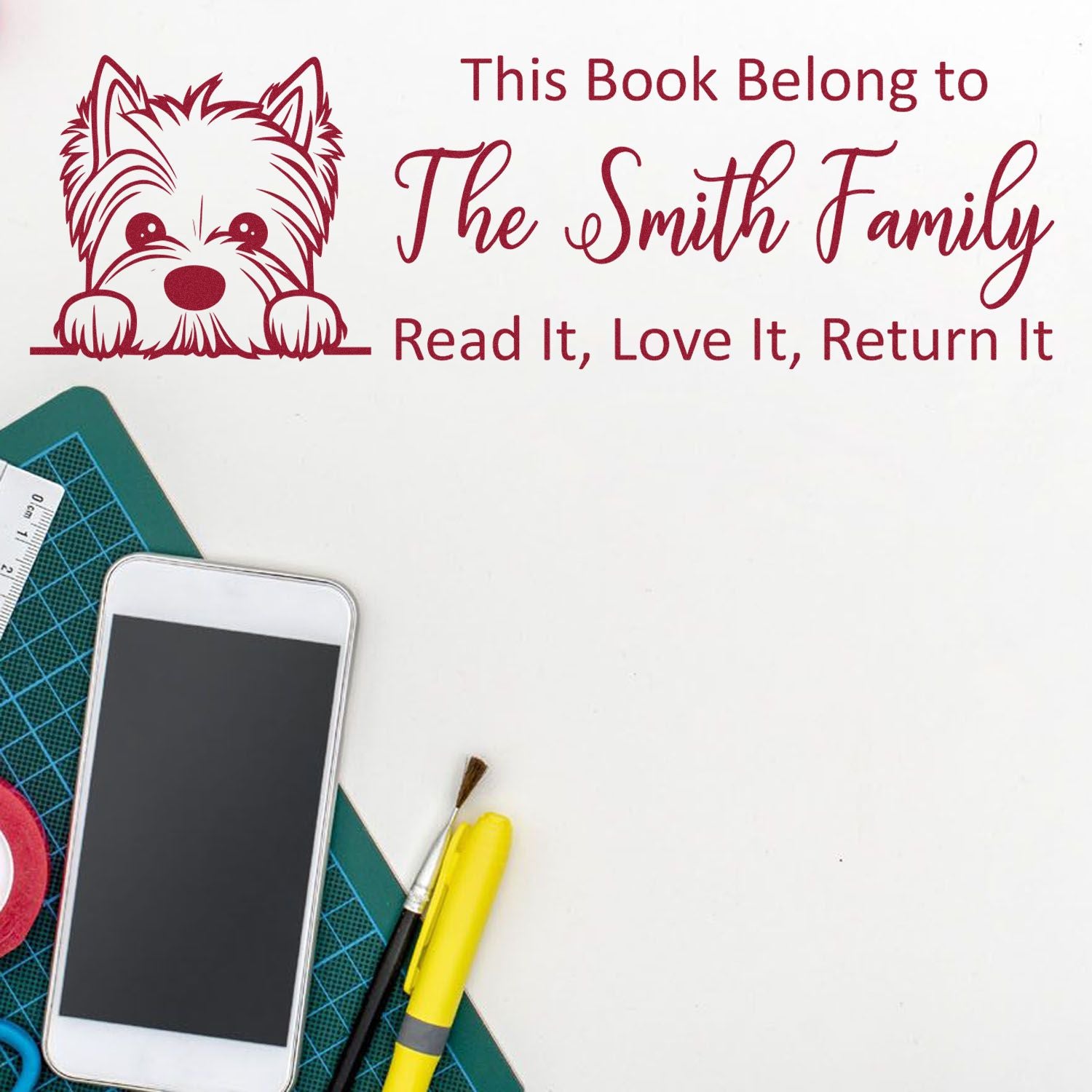 Personalized rubber book stamp with dog design: This Book Belongs to The Smith Family and Read it, Love it, Return It.