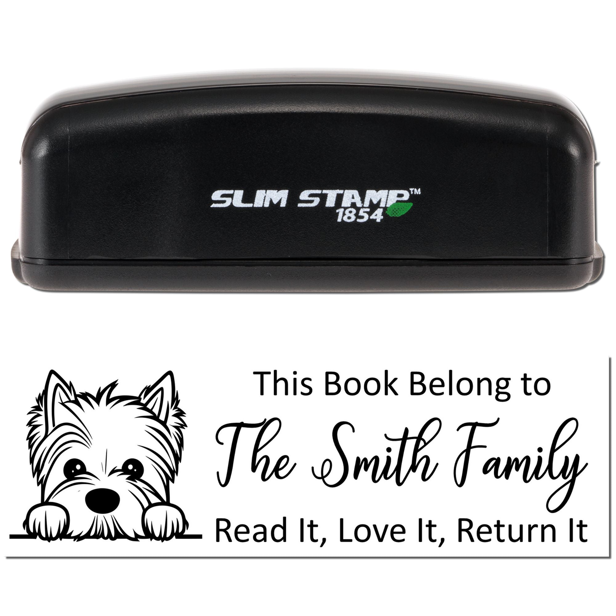 Slim Stamp rubber book ownership stamp with dog design and personalized family return message for library books.