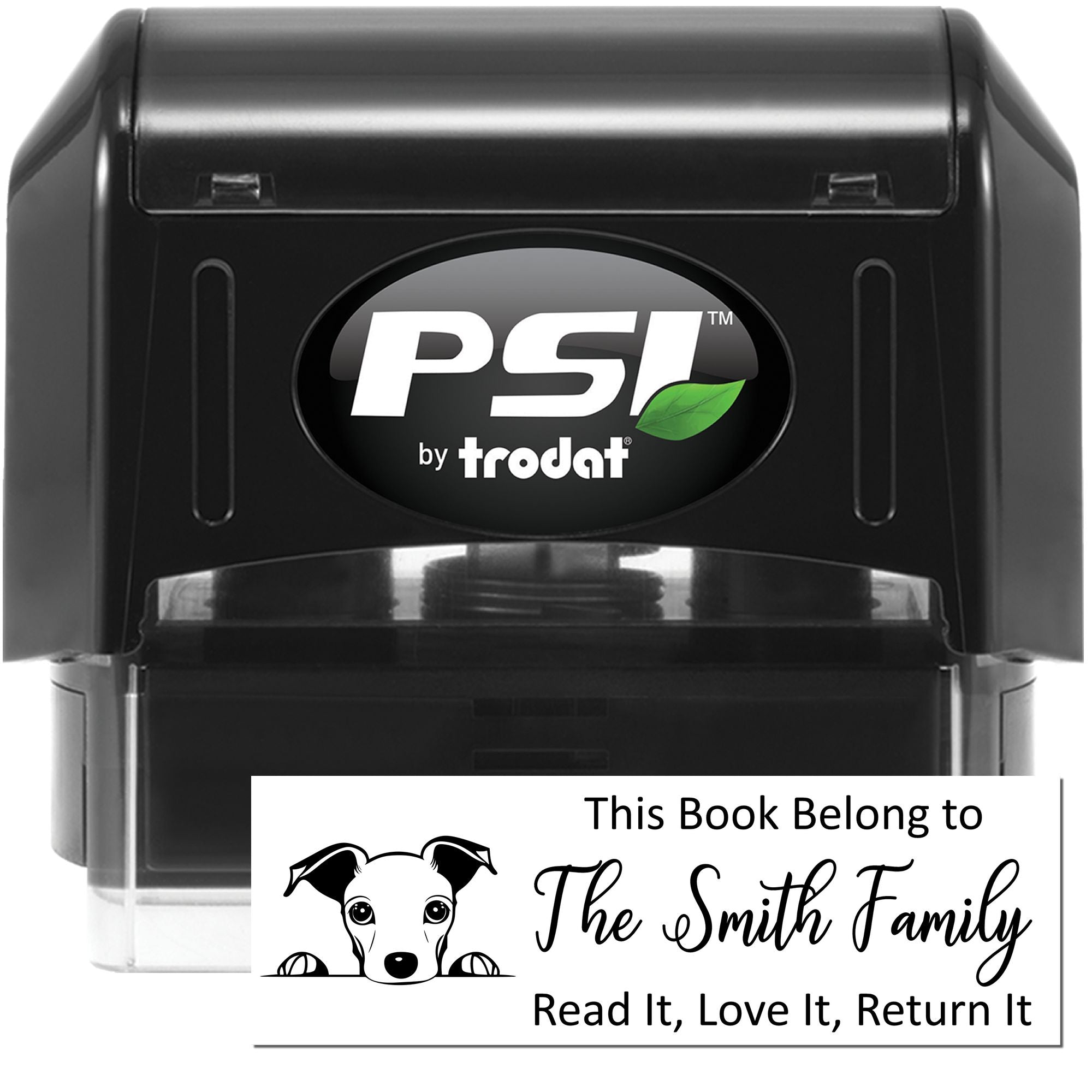 PSI by Trodat self-inking rubber stamp for personalized bookplates, reading This Book Belong to The Smith Family, Read It, Love It, Return It