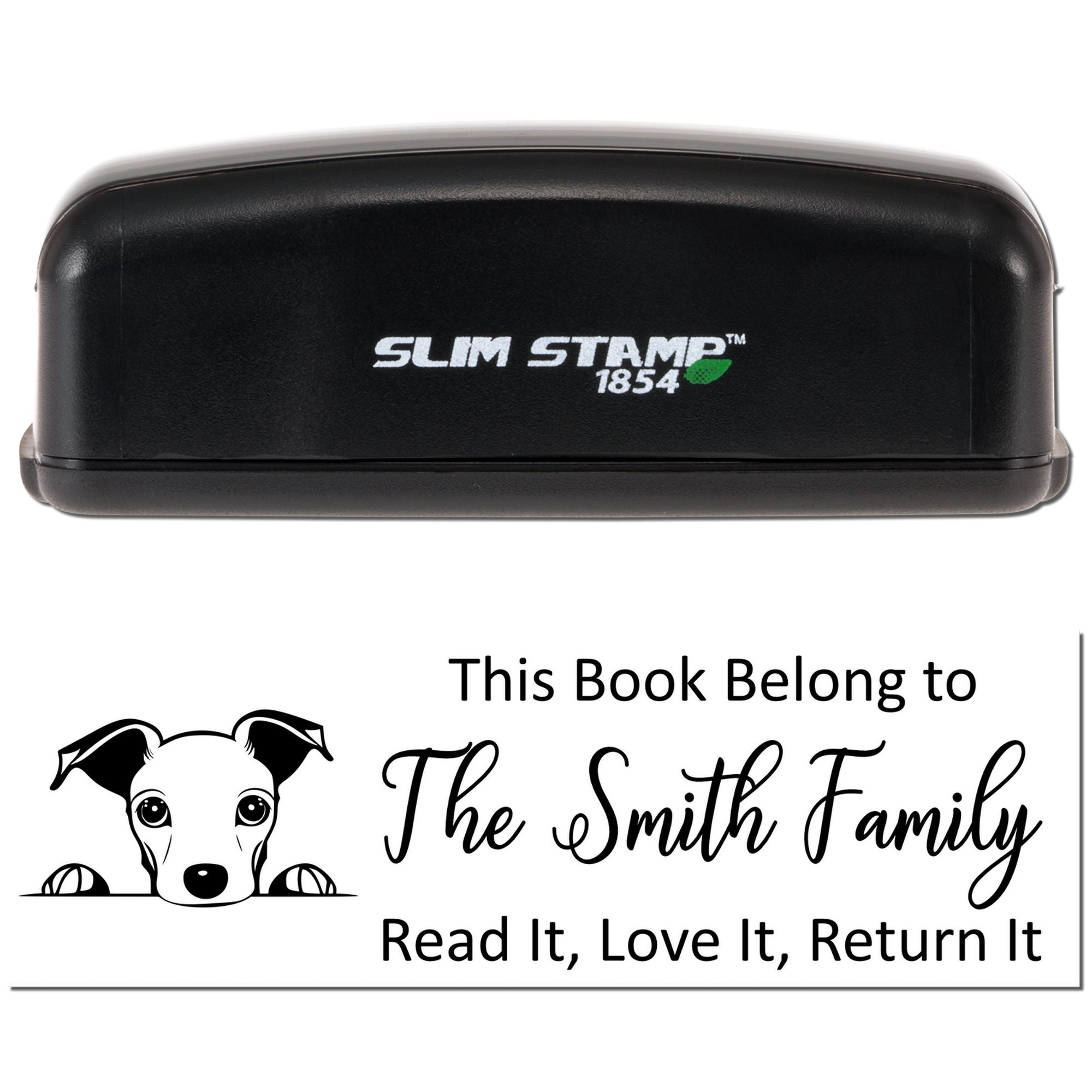 Slim Stamp 1854 personalized bookplate rubber stamp with dog art and Smith family return-it book message.