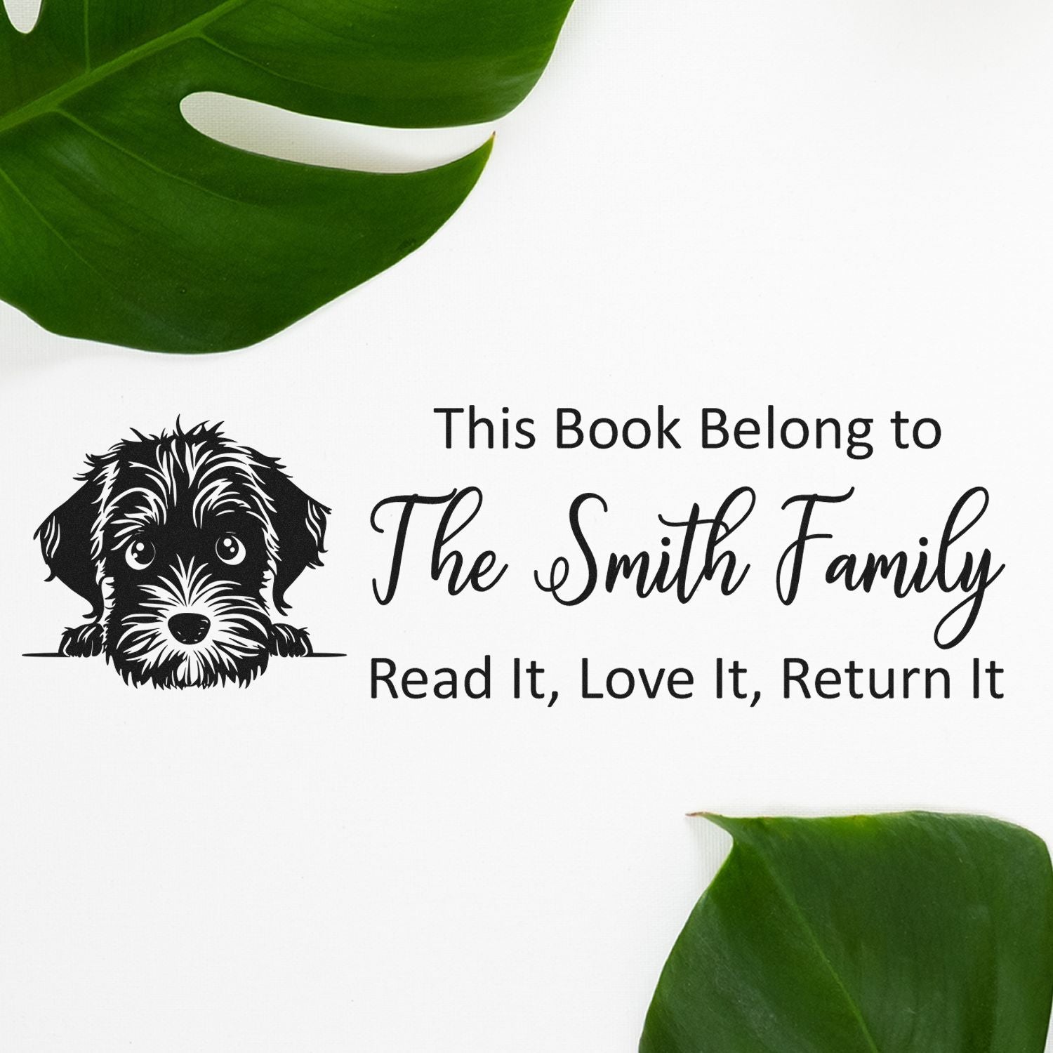Personalized dog book stamp with This Book Belongs to The Smith Family and Read It, Love It, Return It custom rubber stamp.