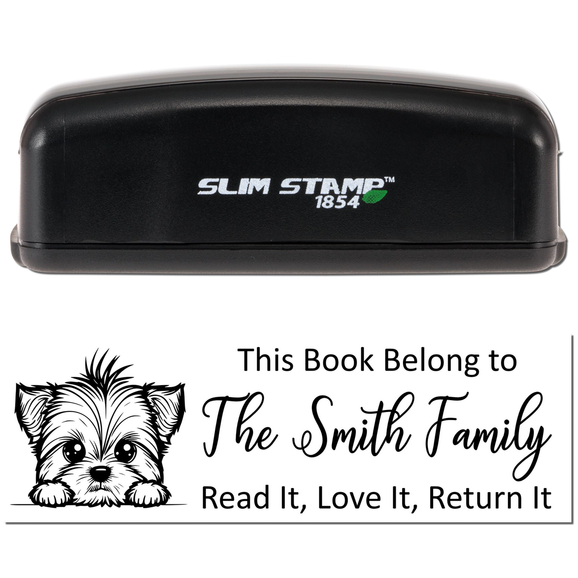 Slim Stamp self-inking custom book stamp with dog graphic and This Book Belong to The Smith Family return message.
