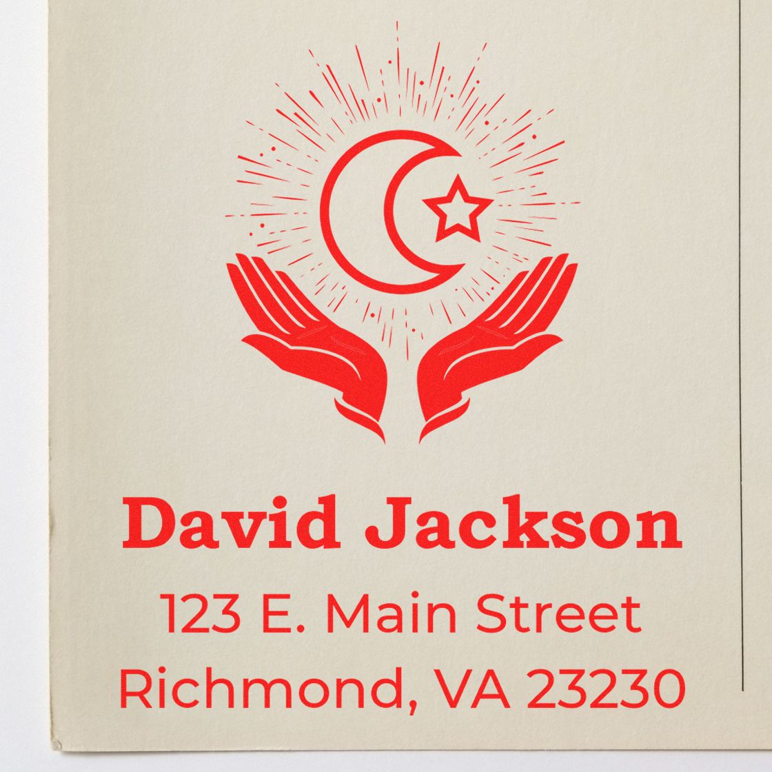 Custom address rubber stamp with crescent moon and star logo, hands icon, and David Jackson return address in Richmond, VA 23230.