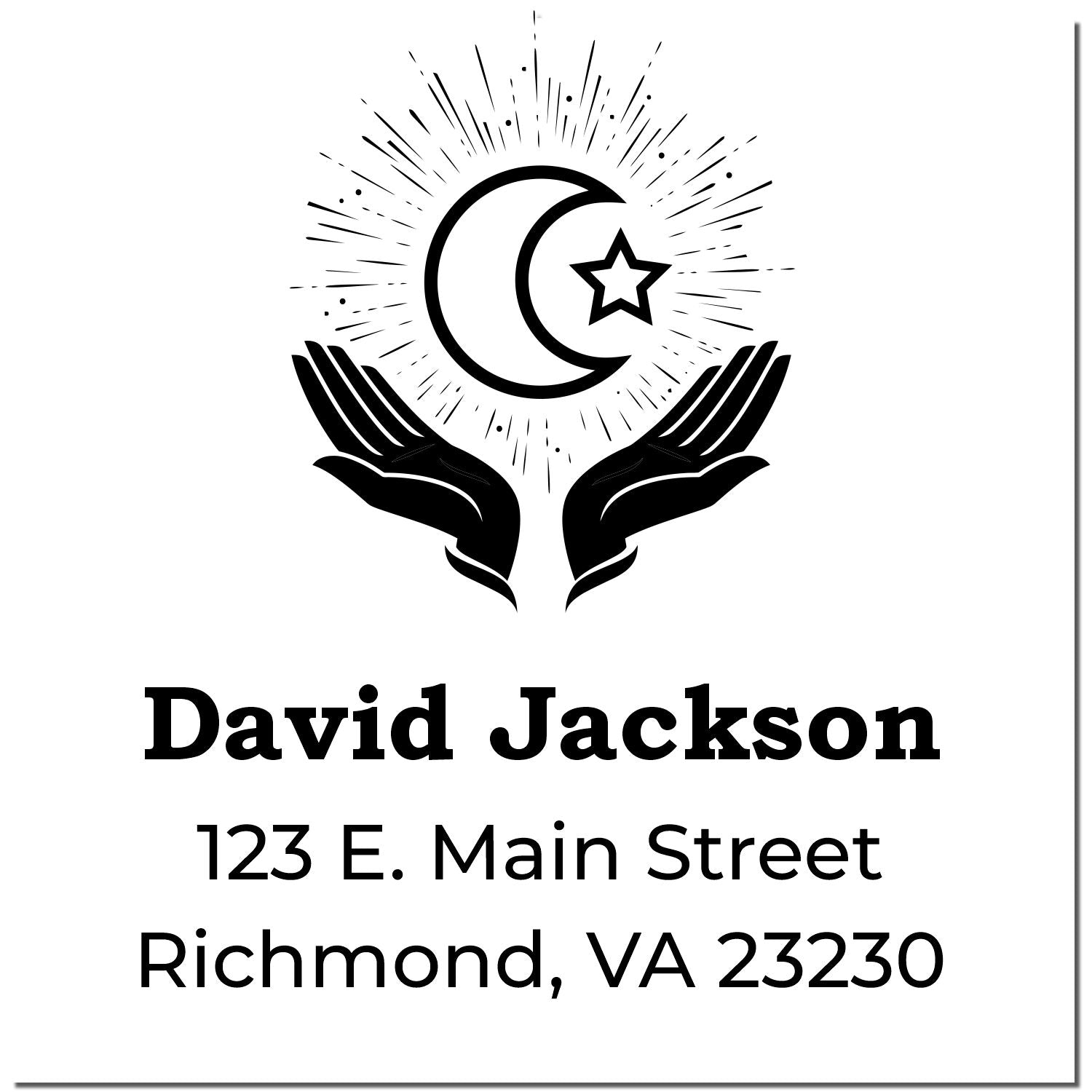Personalized rubber return address stamp with crescent moon and star logo, David Jackson, Richmond, VA 23230.