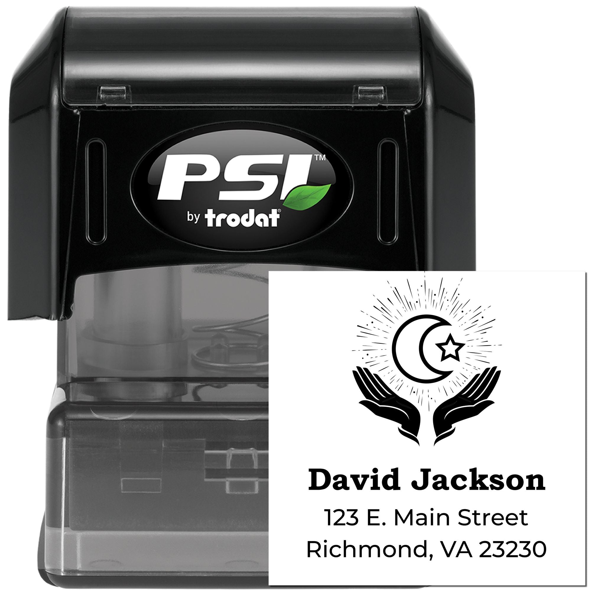 Custom self-inking rubber stamp by PSI Trodat with David Jackson return address and moon logo for mailing and branding.