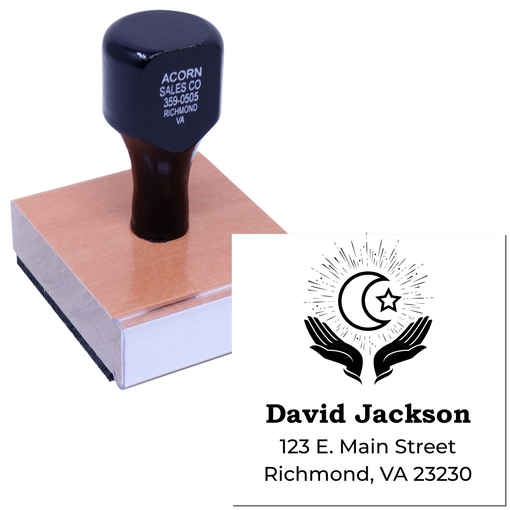 Custom rubber address stamp with wood handle for personalized name and return address imprint