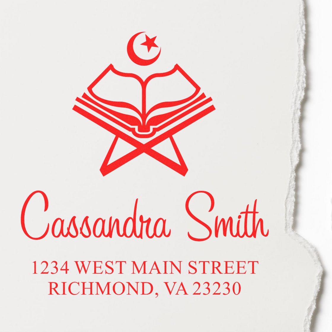 Custom personalized rubber stamp with book logo, Cassandra Smith return address, Richmond, VA 23230.