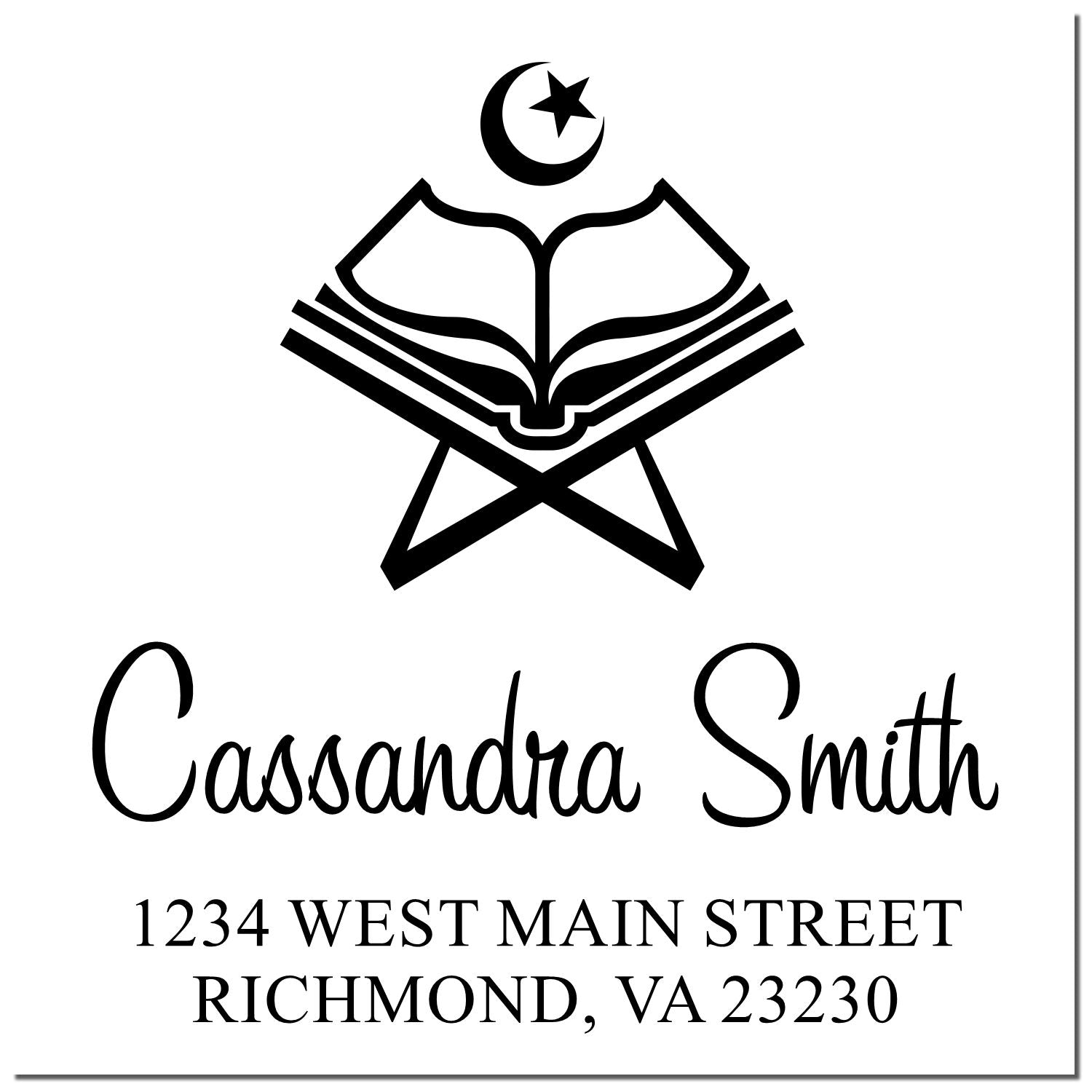Personalized return address rubber stamp with crescent-and-book logo, Cassandra Smith, and Richmond, VA address.