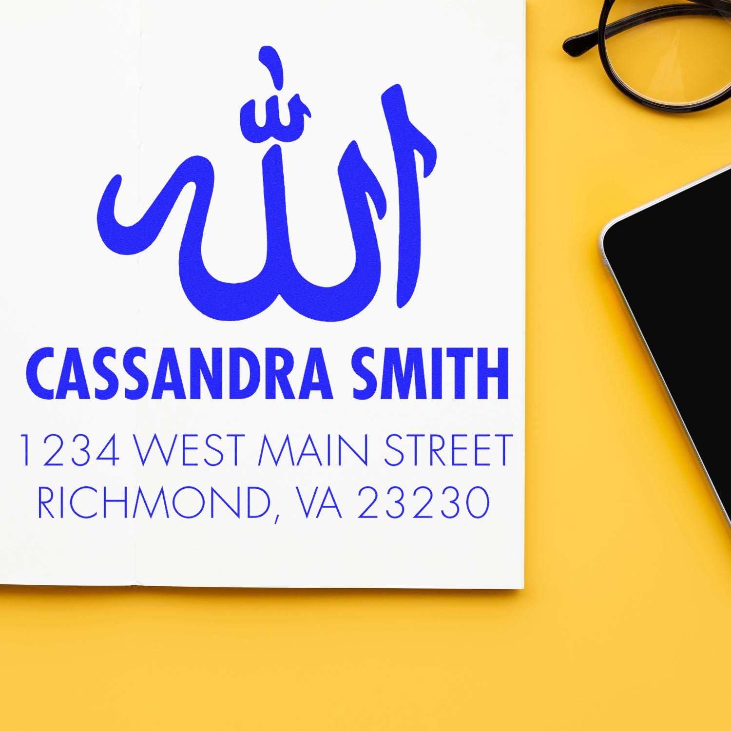 Personalized rubber stamp design with Arabic calligraphy, Cassandra Smith name, and Richmond, VA return address for mailing and business use.