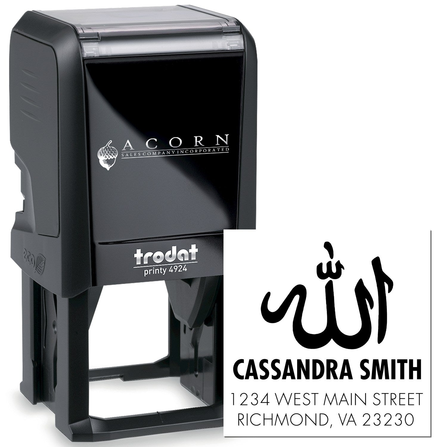 Custom self-inking rubber address stamp with Arabic calligraphy, Cassandra Smith name, and mailing address.
