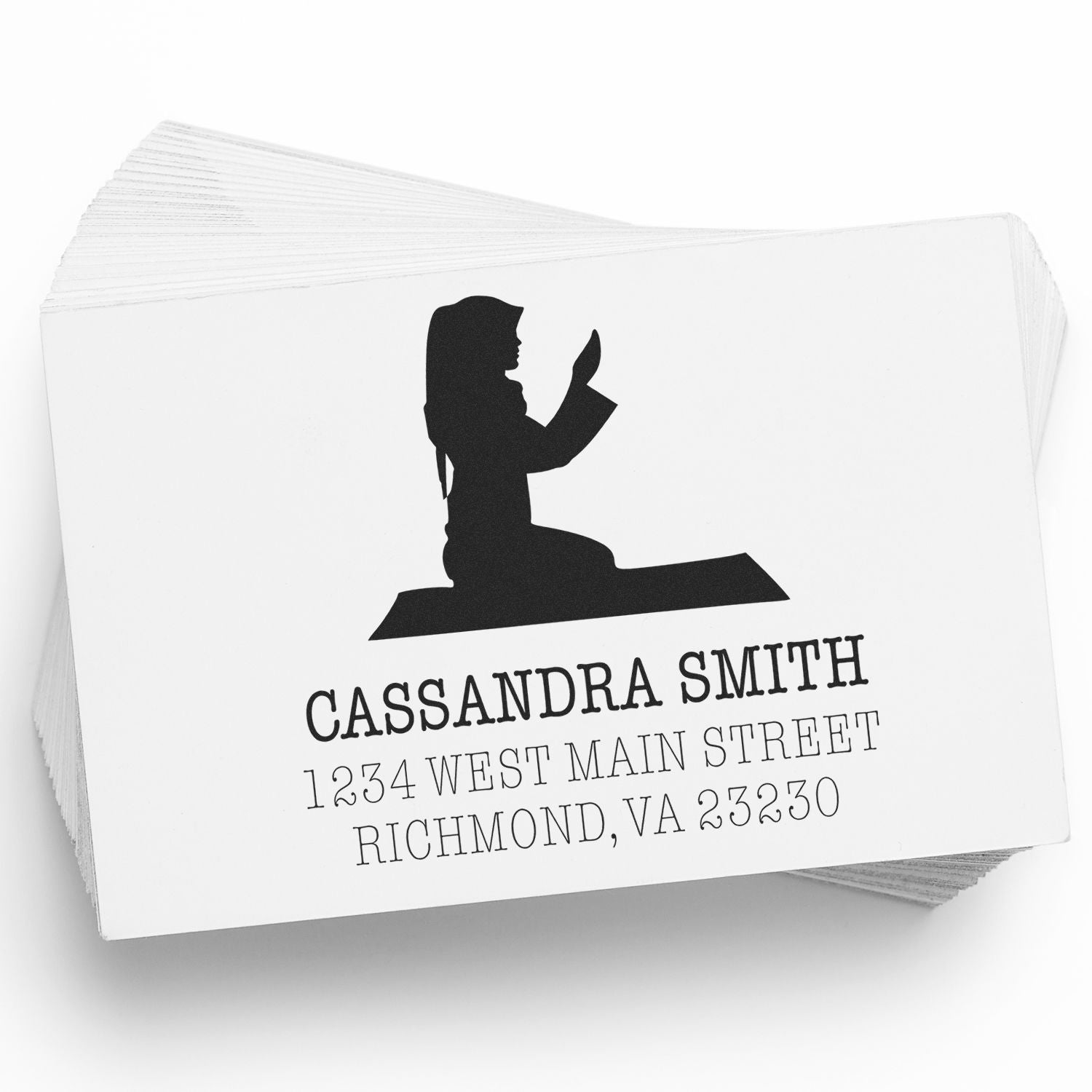 Personalized return address rubber stamp with girl silhouette, ideal for custom mailing labels and stationery.