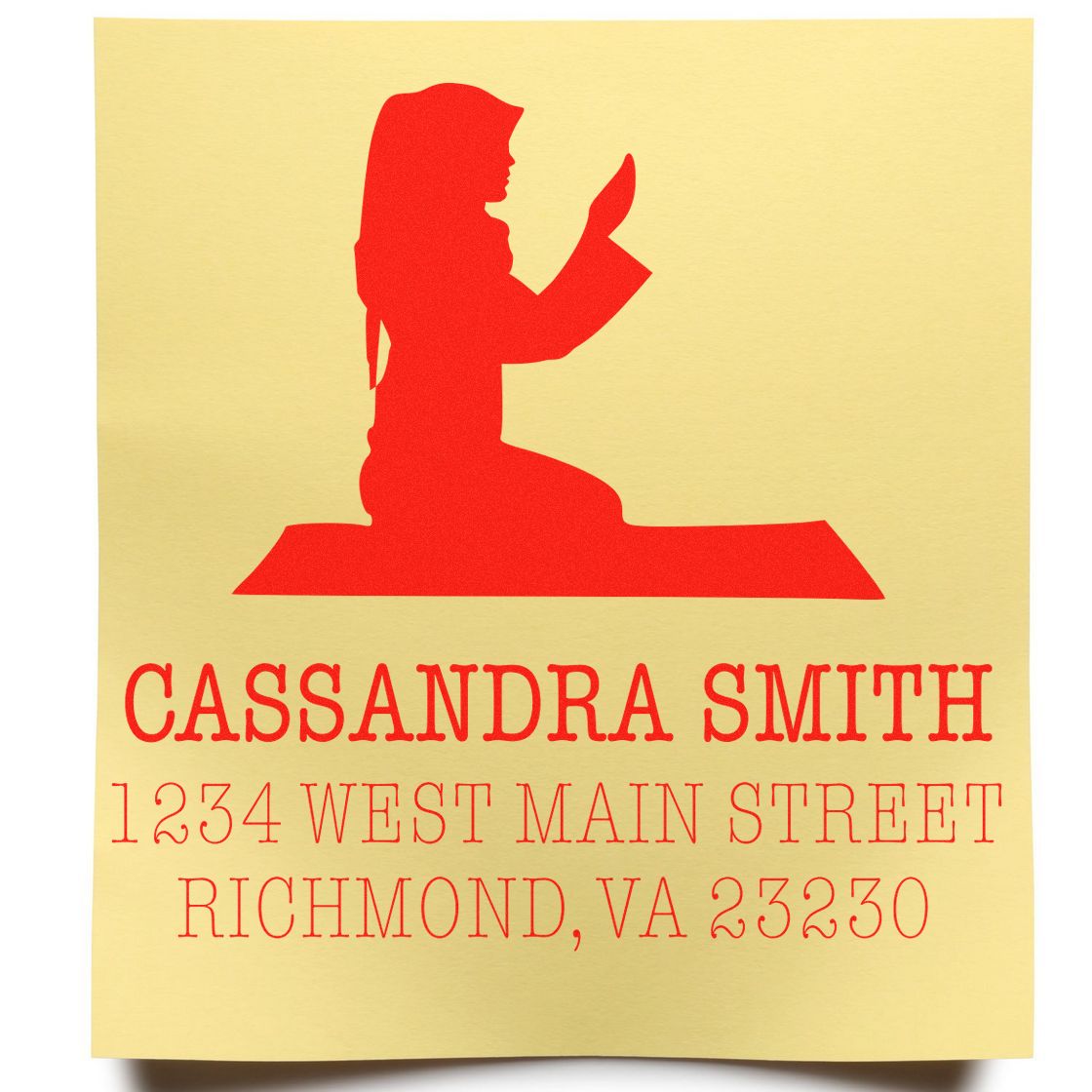 Custom address rubber stamp with woman silhouette and Cassandra Smith, 1234 West Main Street, Richmond, VA 23230.