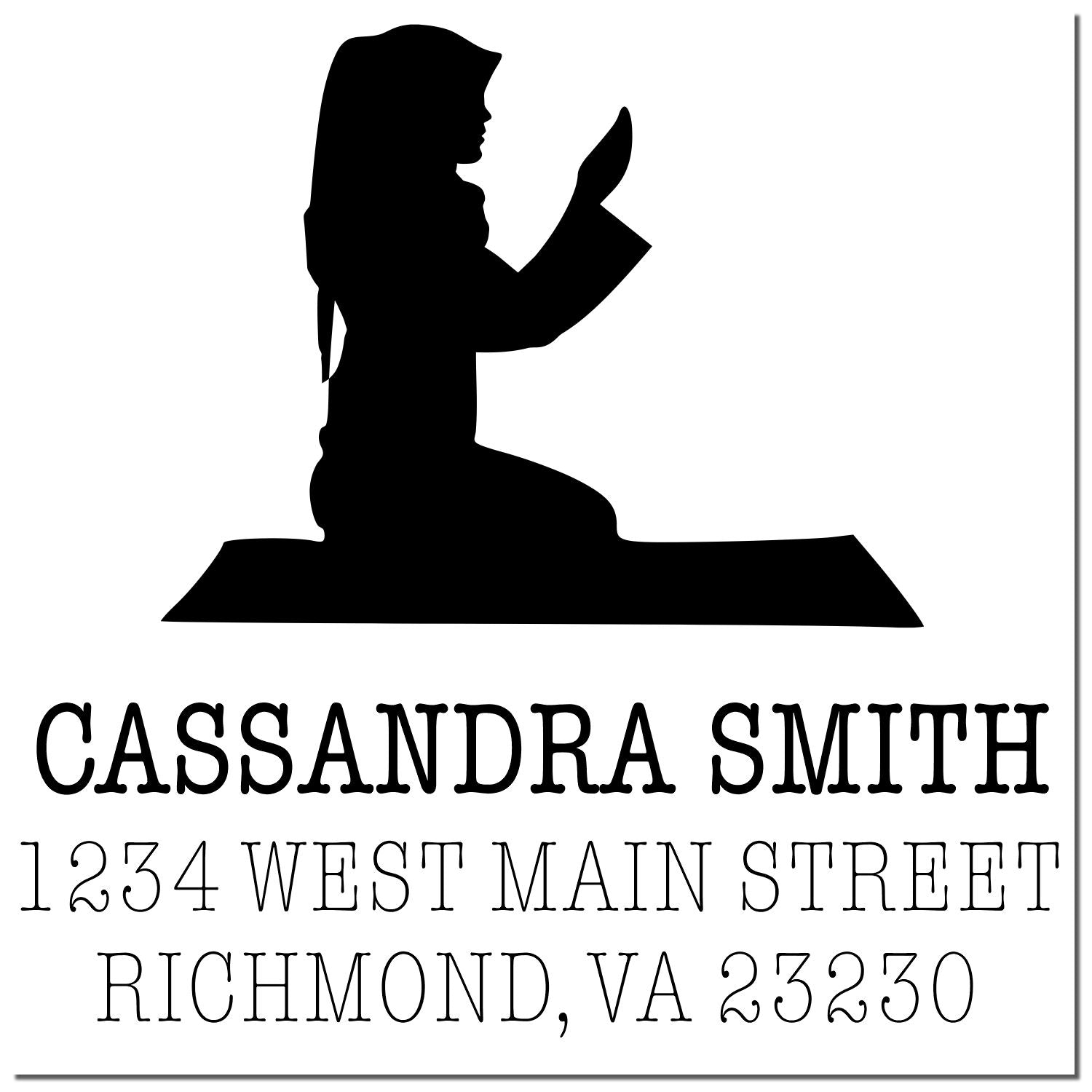 Custom rubber stamp with kneeling woman silhouette and return address for Cassandra Smith, 1234 West Main Street, Richmond, VA 23230.