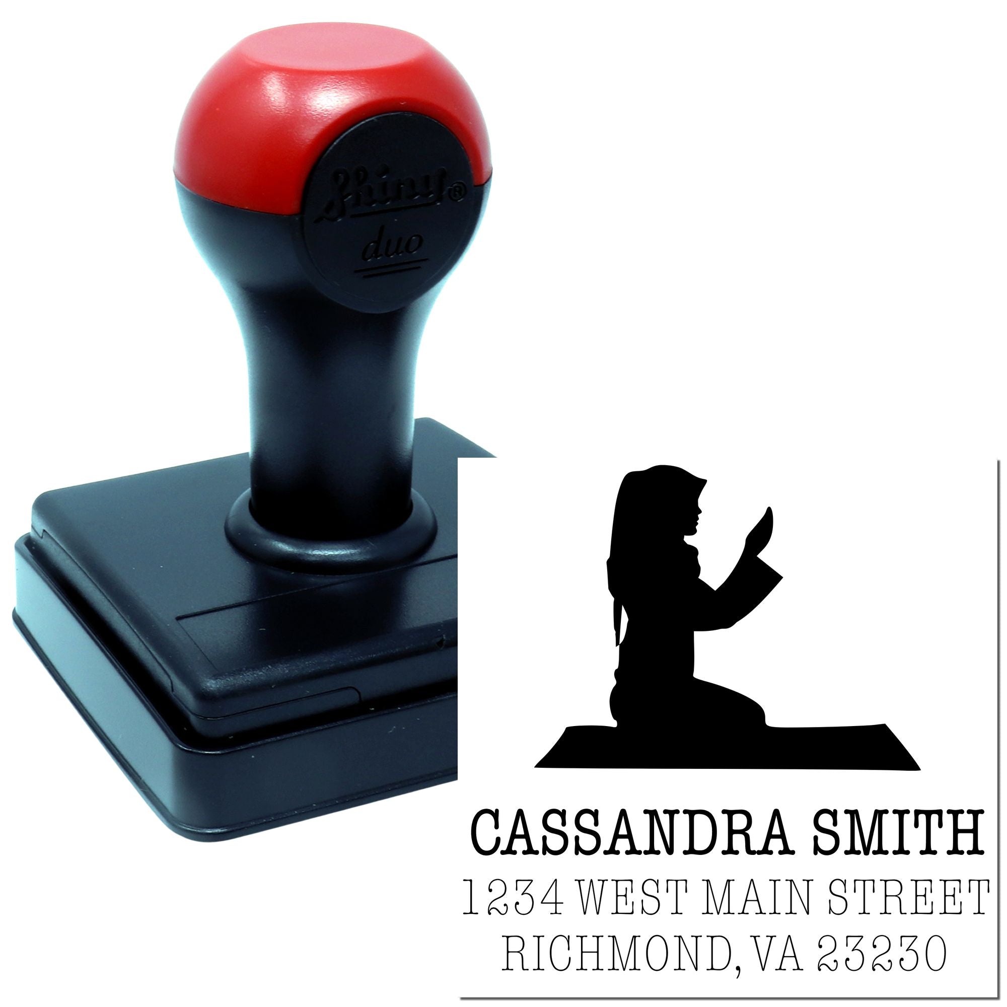 Custom self-inking rubber stamp with personalized return address for Cassandra Smith, Richmond, VA, featuring a reading girl silhouette.