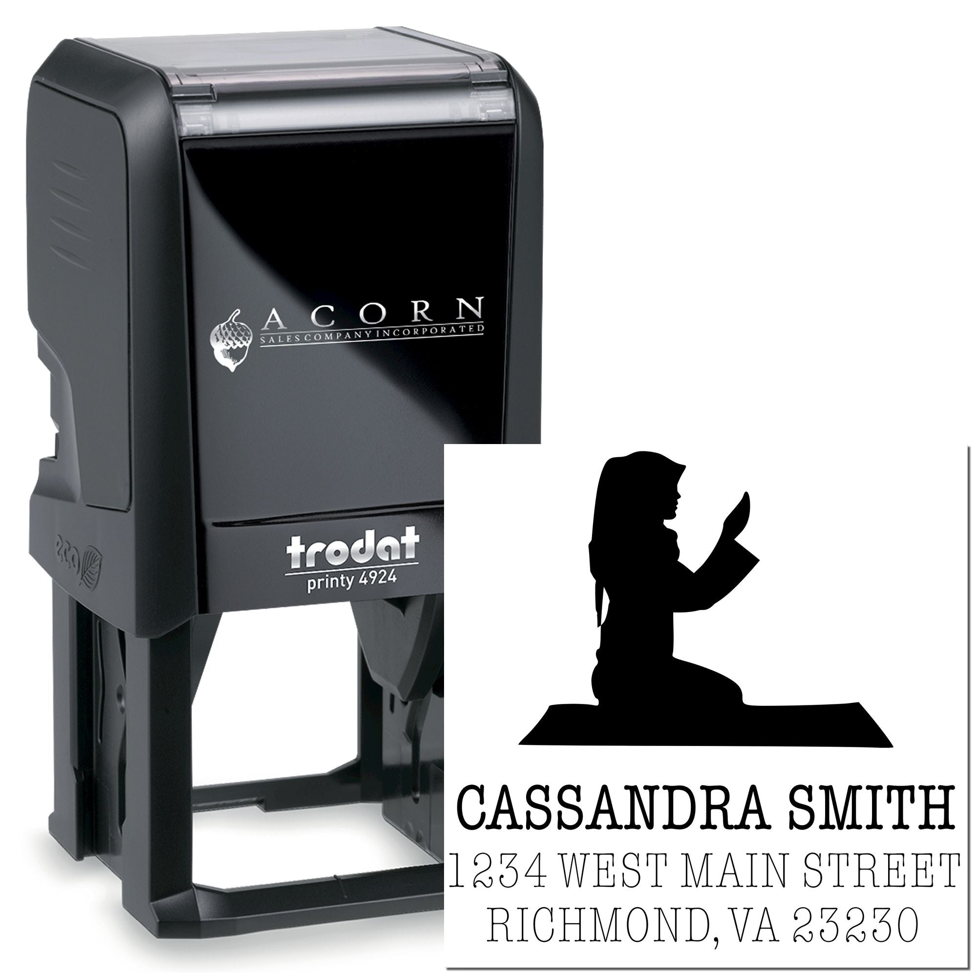 Custom self-inking rubber address stamp, Trodat Printy 4924, with personalized name and return address for Cassandra Smith.