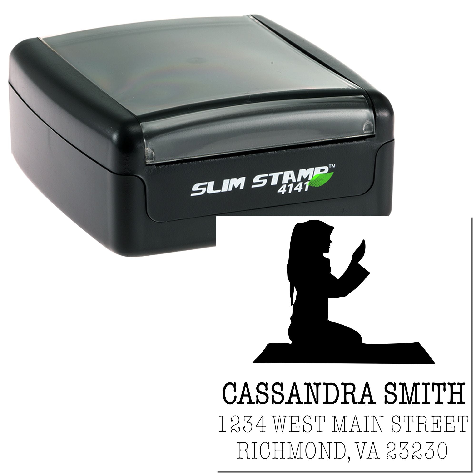Custom self-inking Slim Stamp address stamp with silhouette logo for Cassandra Smith, Richmond, VA.