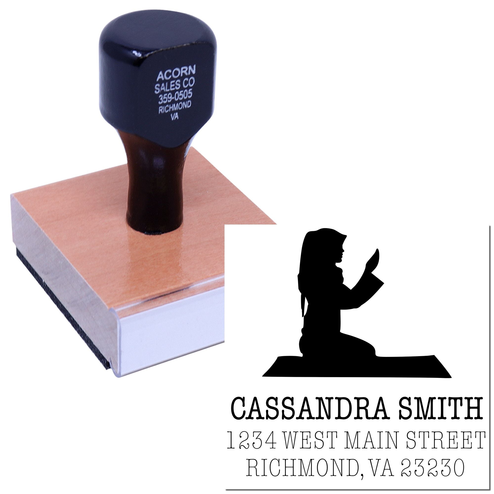 Custom rubber return address stamp with silhouette design for Cassandra Smith, Richmond, VA.